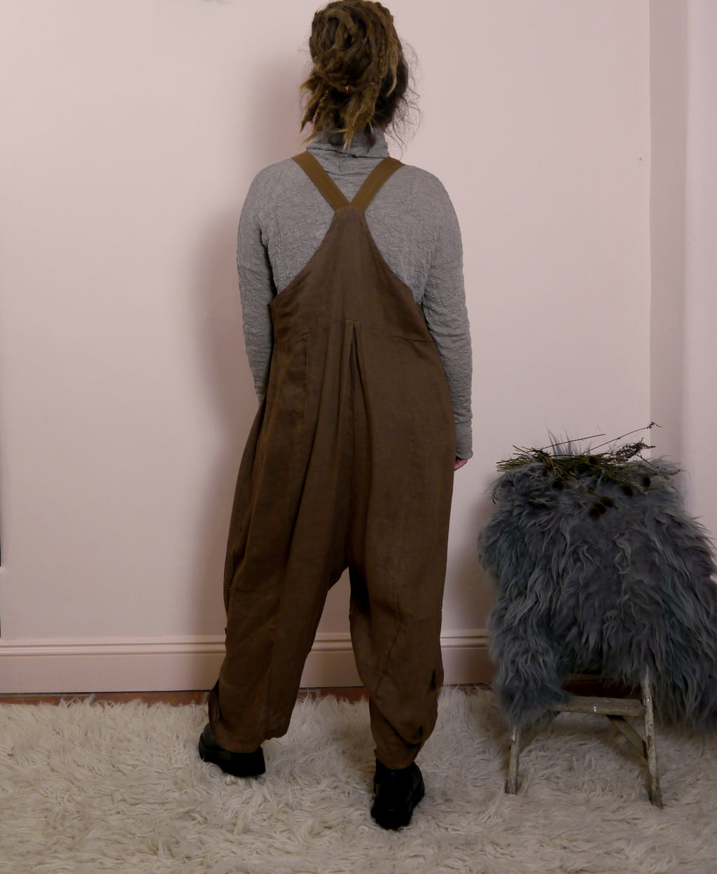 Linen Cocoon Dungarees with Buckles in Cocoa
