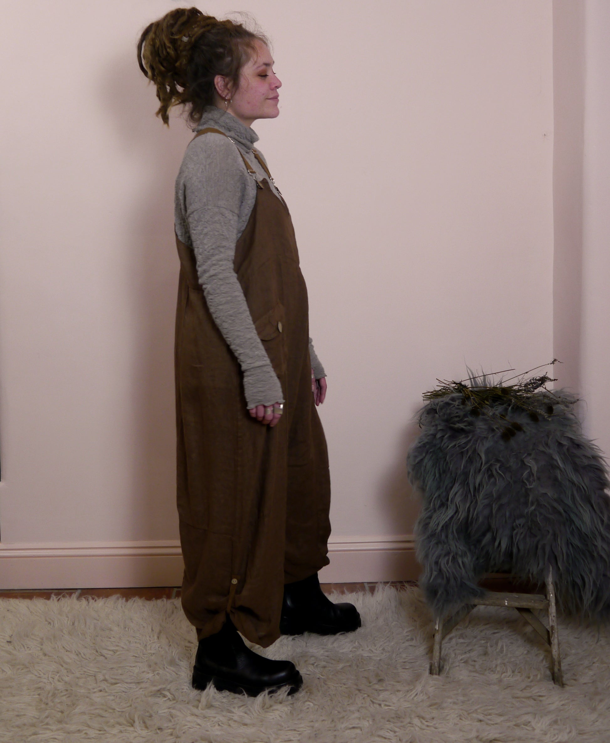 Linen Cocoon Dungarees with Buckles in Cocoa