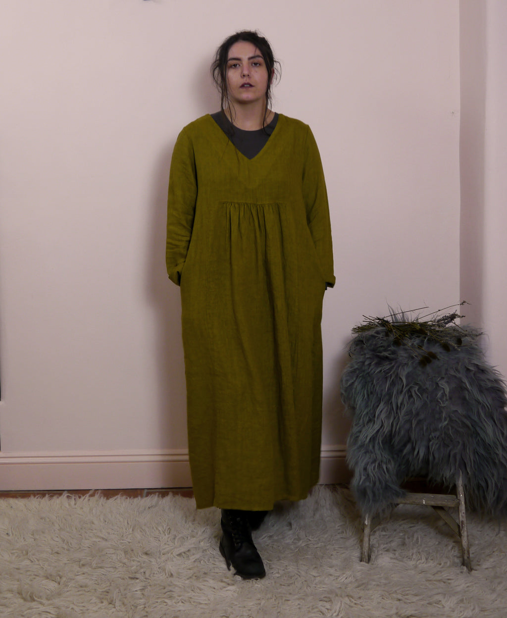 V Neck Midi Maxi Linen dress in Moss