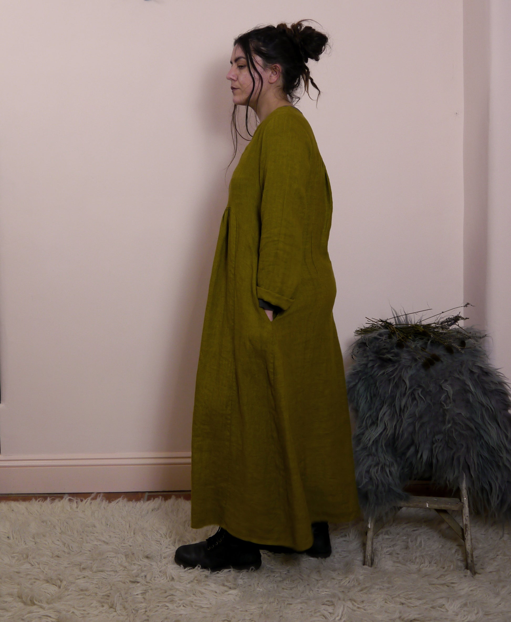 V Neck Midi Maxi Linen dress in Moss