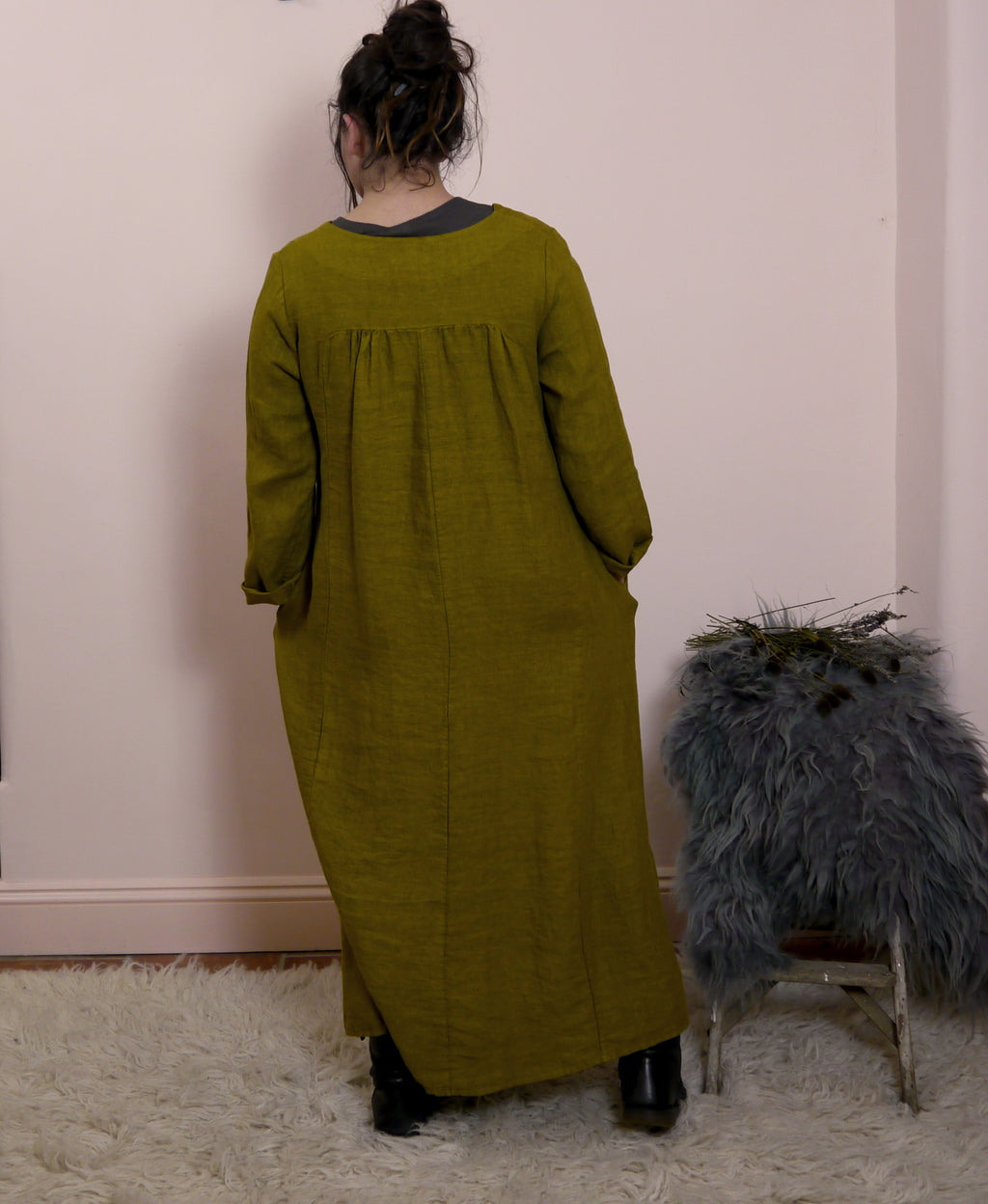 V Neck Midi Maxi Linen dress in Moss