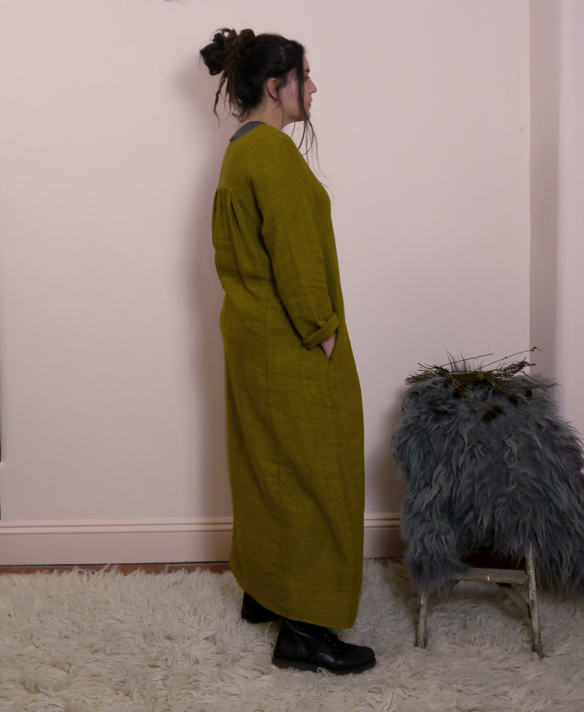 V Neck Midi Maxi Linen dress in Moss