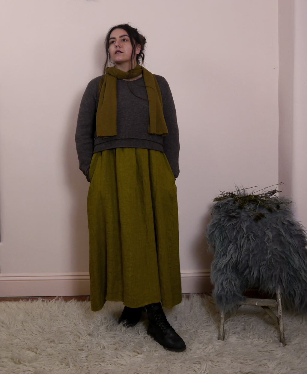 V Neck Midi Maxi Linen dress in Moss