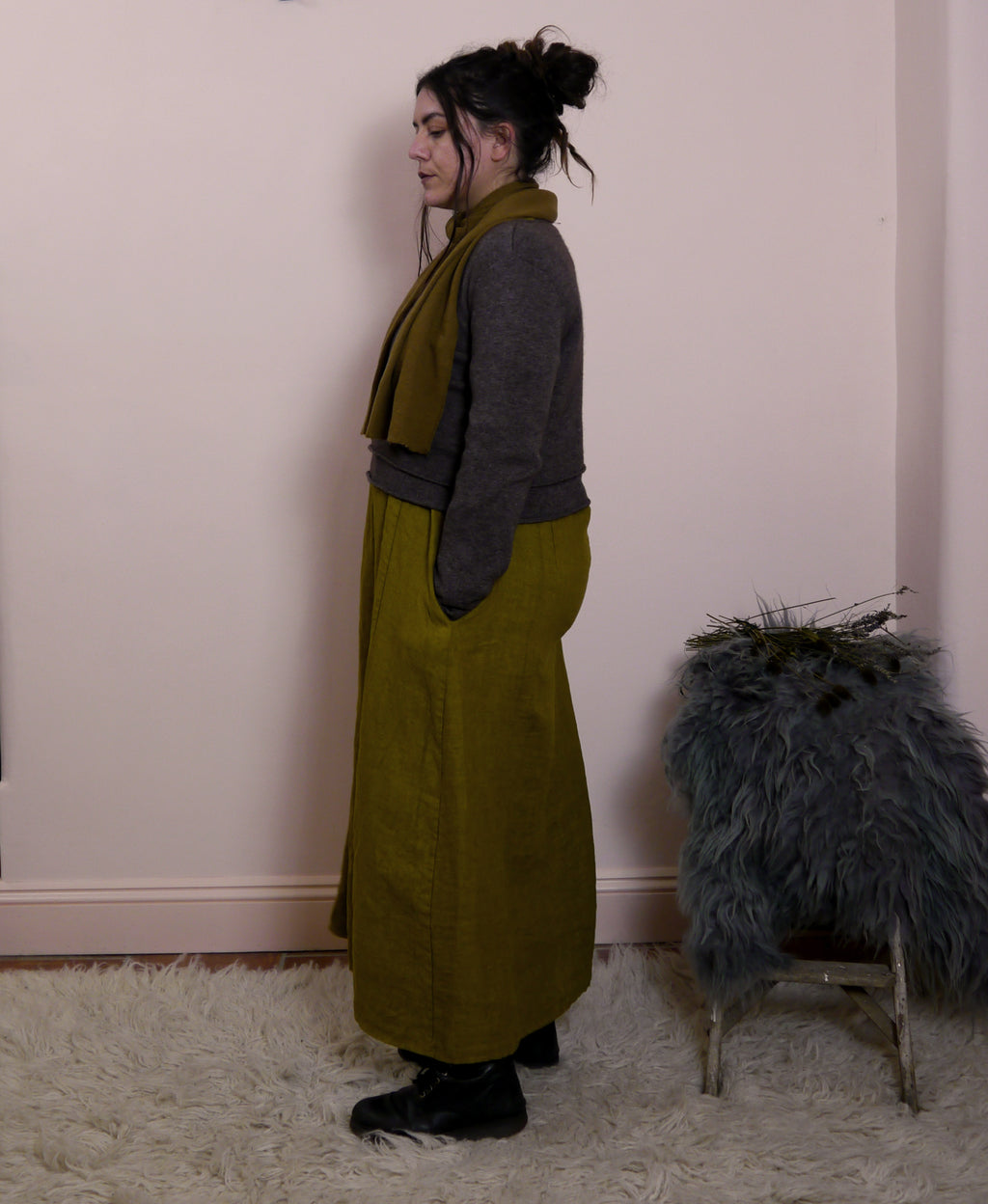 V Neck Midi Maxi Linen dress in Moss