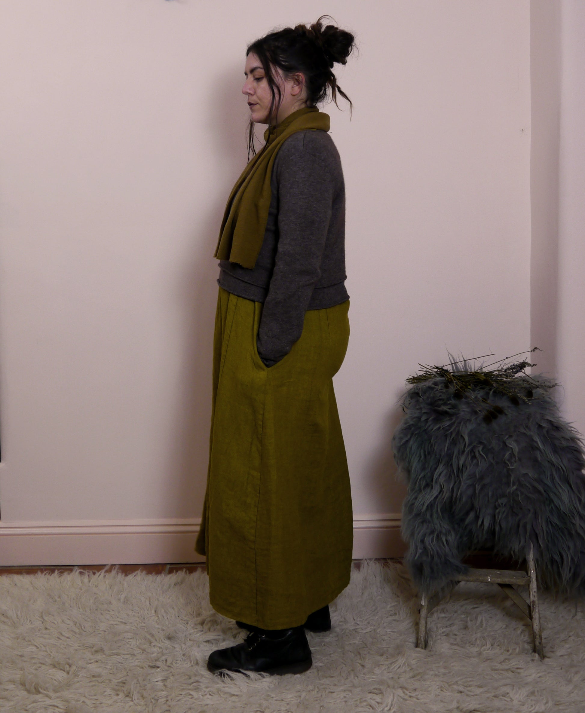 V Neck Midi Maxi Linen dress in Moss