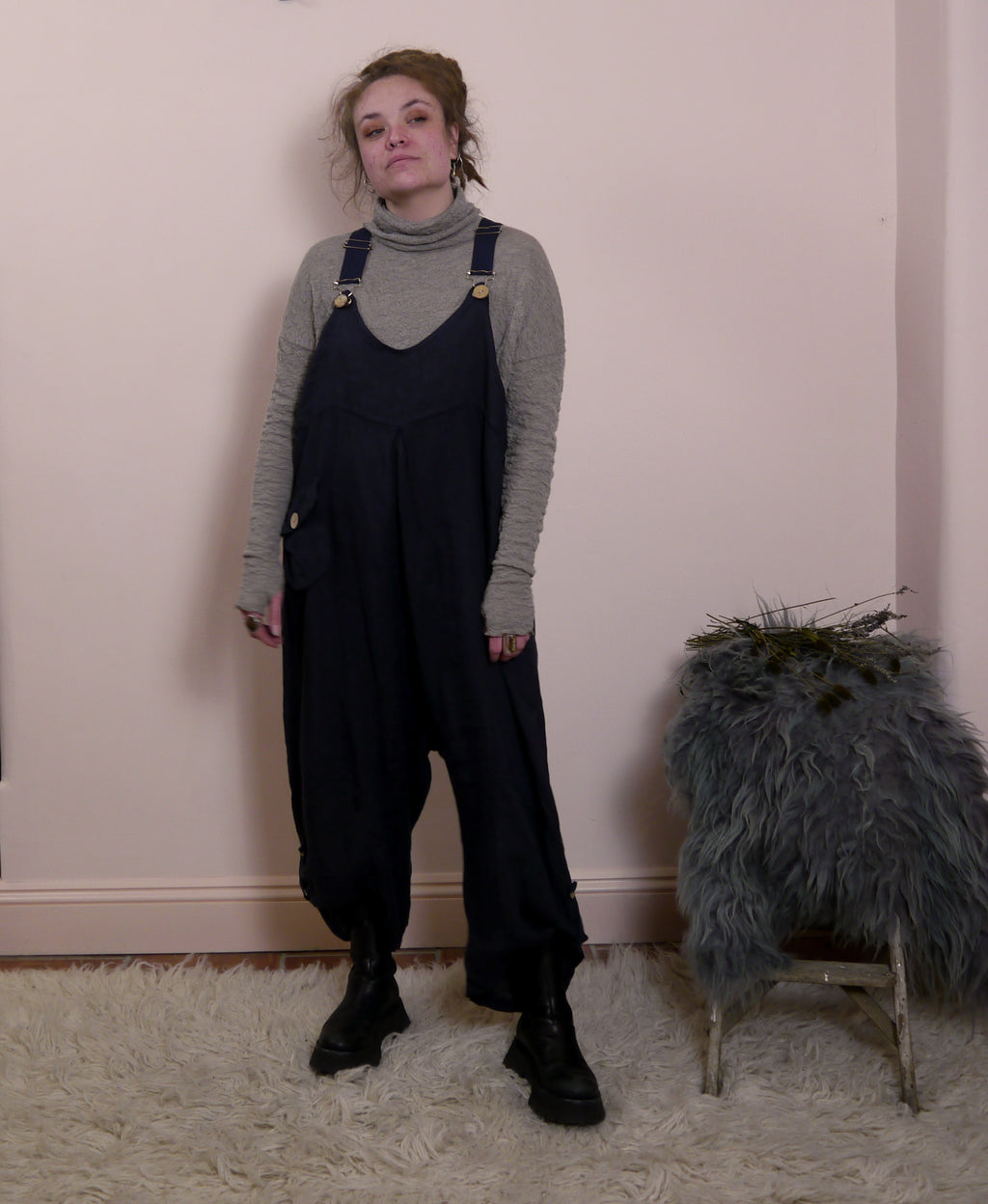 Linen Cocoon Dungarees with Buckles in Midnight