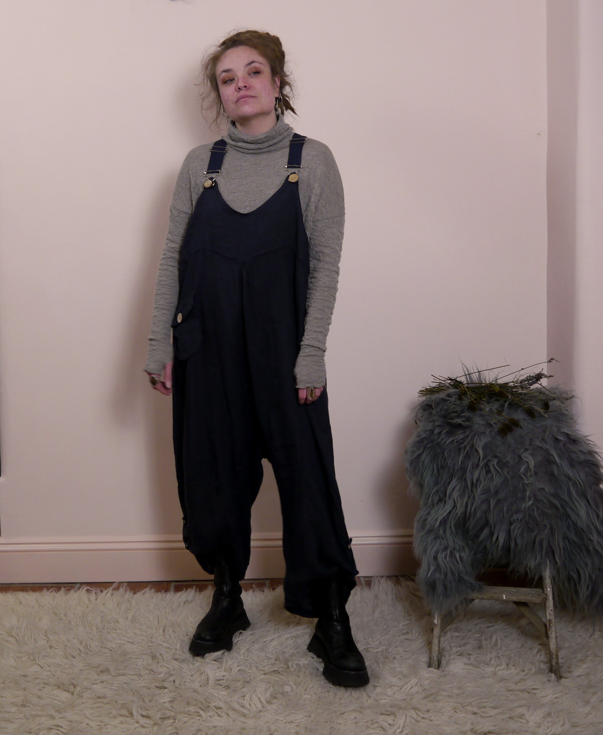 Linen Cocoon Dungarees with Buckles in Midnight