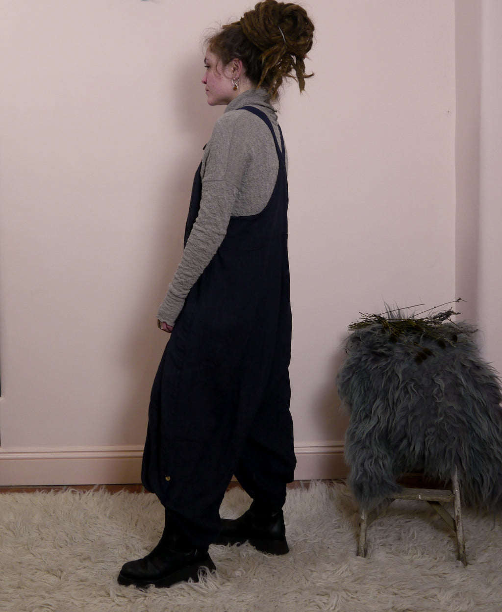 Linen Cocoon Dungarees with Buckles in Midnight