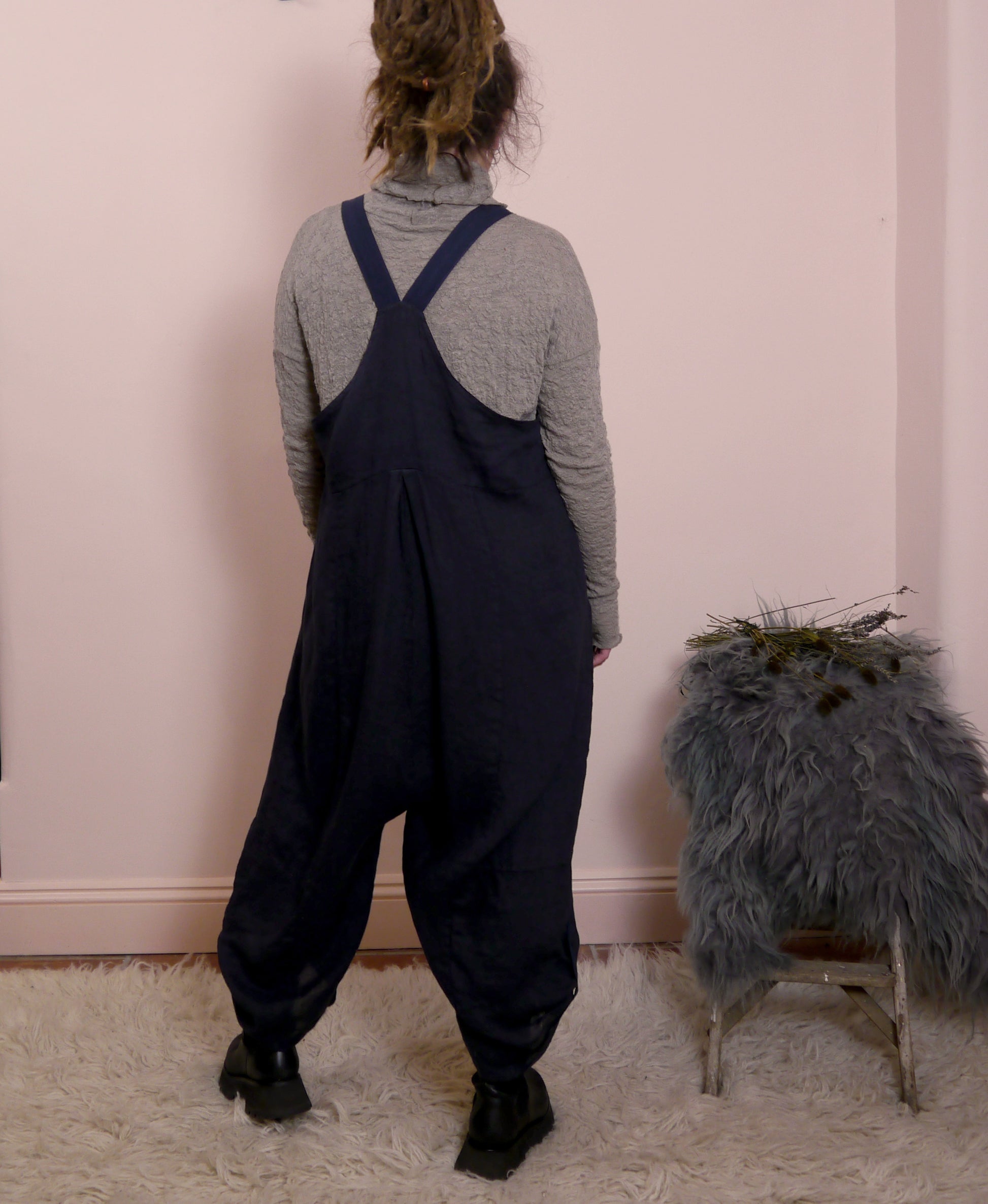 Linen Cocoon Dungarees with Buckles in Midnight