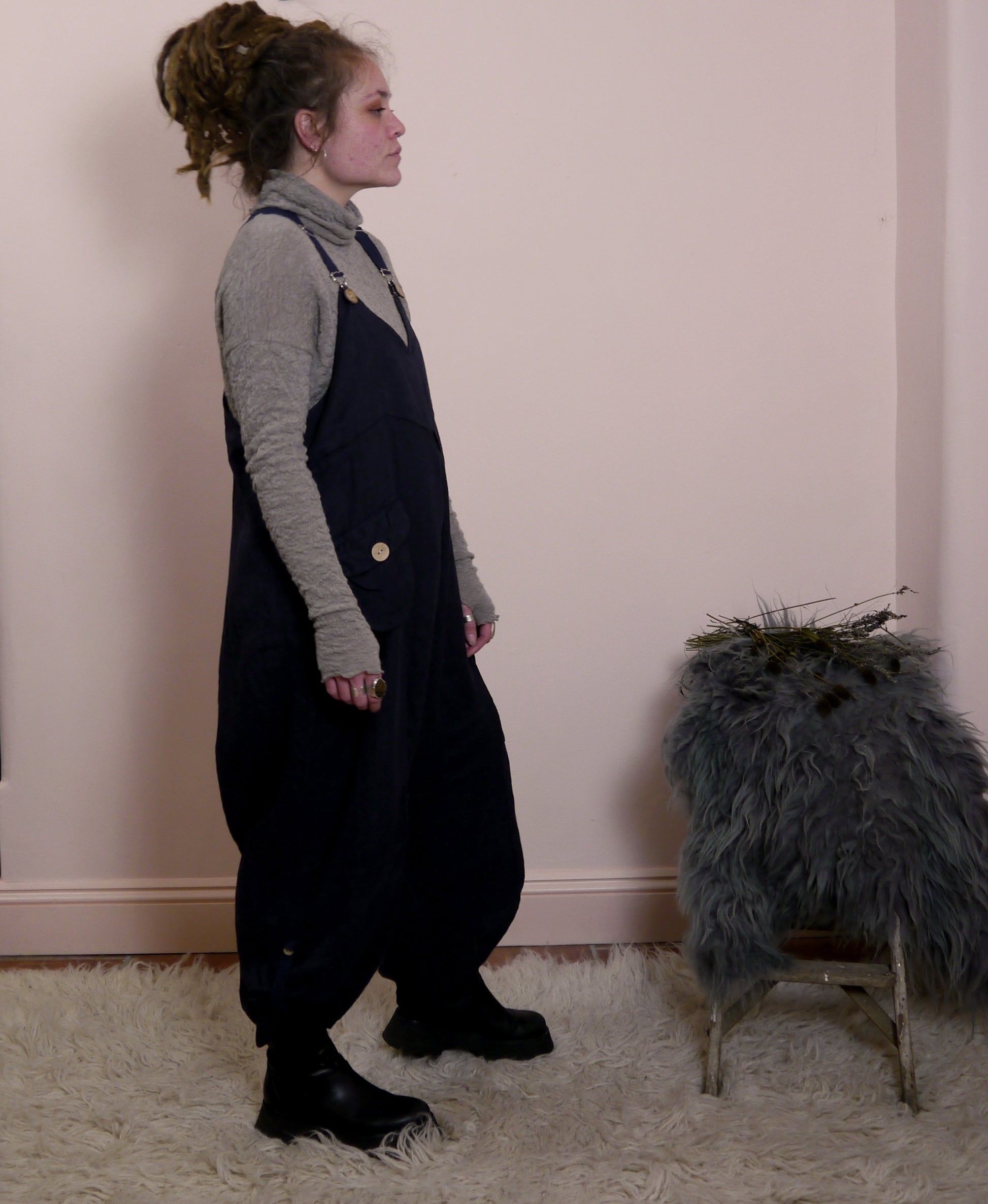 Linen Cocoon Dungarees with Buckles in Midnight