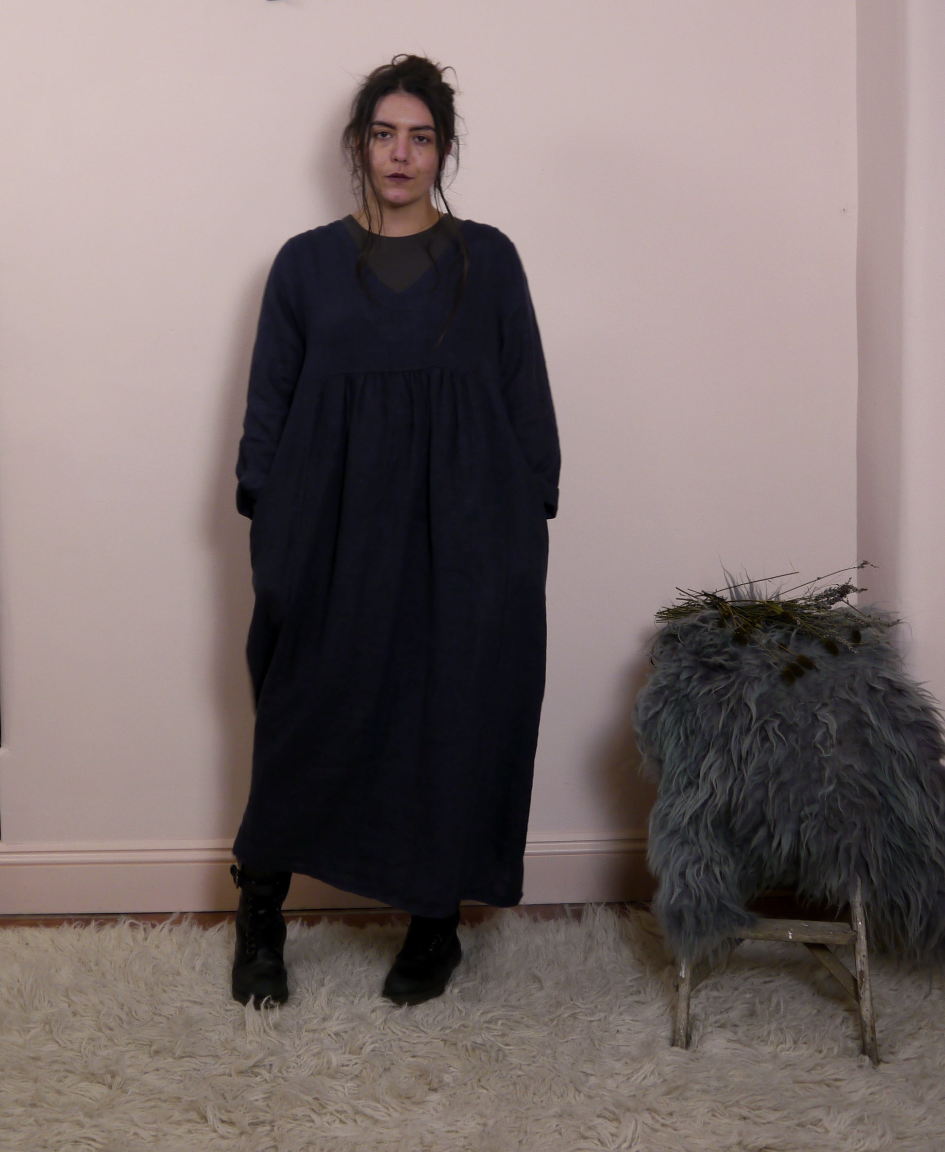 V Neck Midi Maxi Linen dress in Midnight