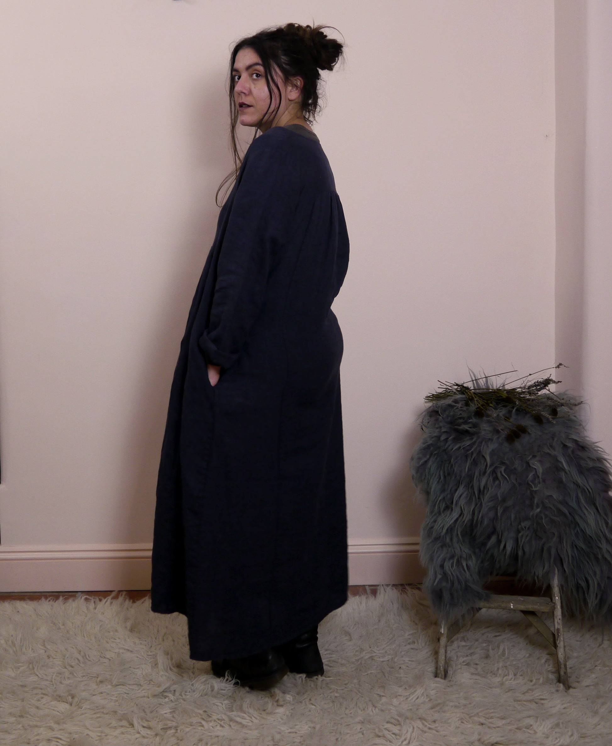 V Neck Midi Maxi Linen dress in Midnight