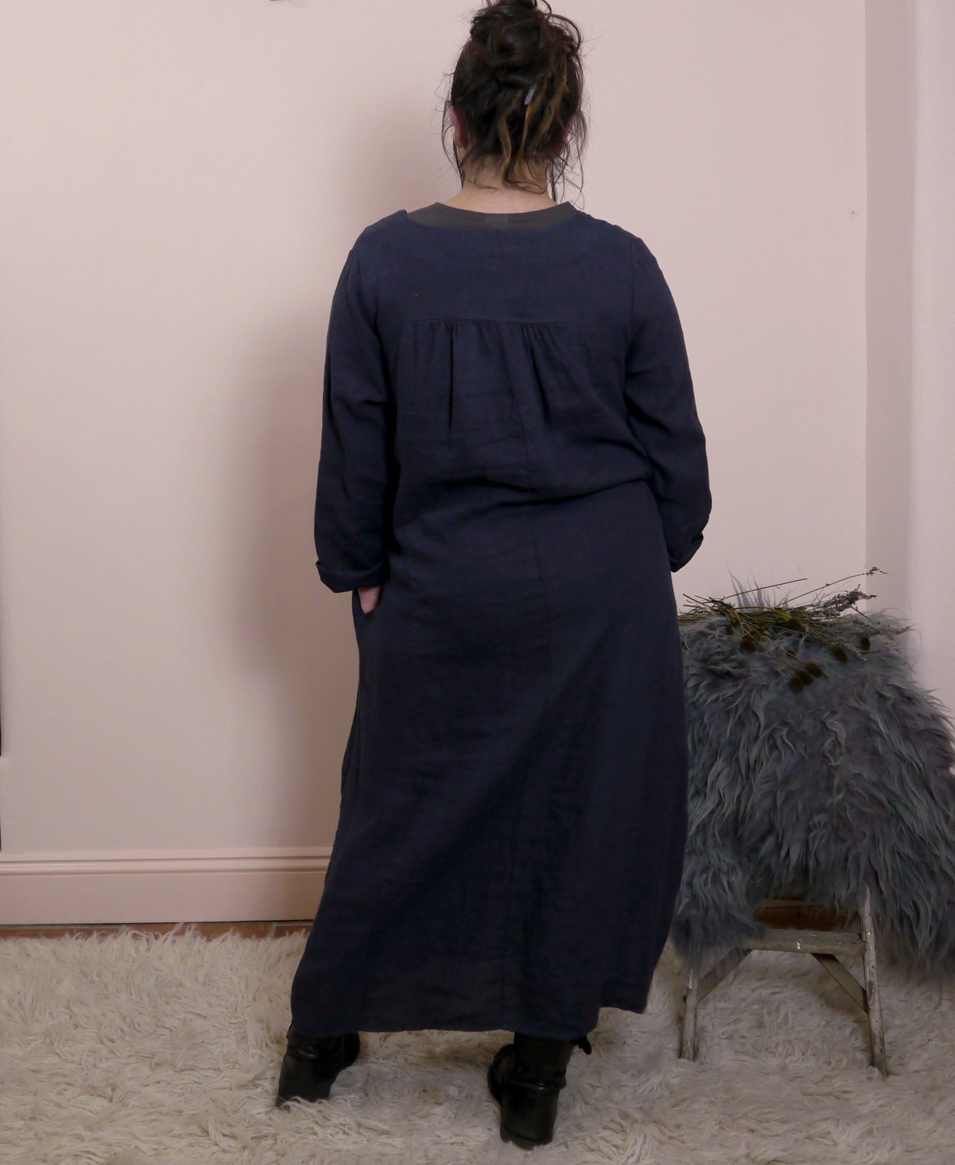 V Neck Midi Maxi Linen dress in Midnight