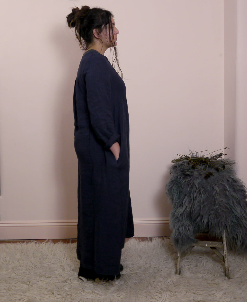 V Neck Midi Maxi Linen dress in Midnight