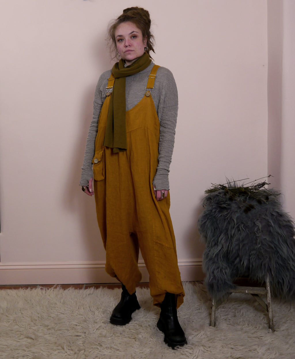 Linen Cocoon Dungarees with Buckles in Ochre