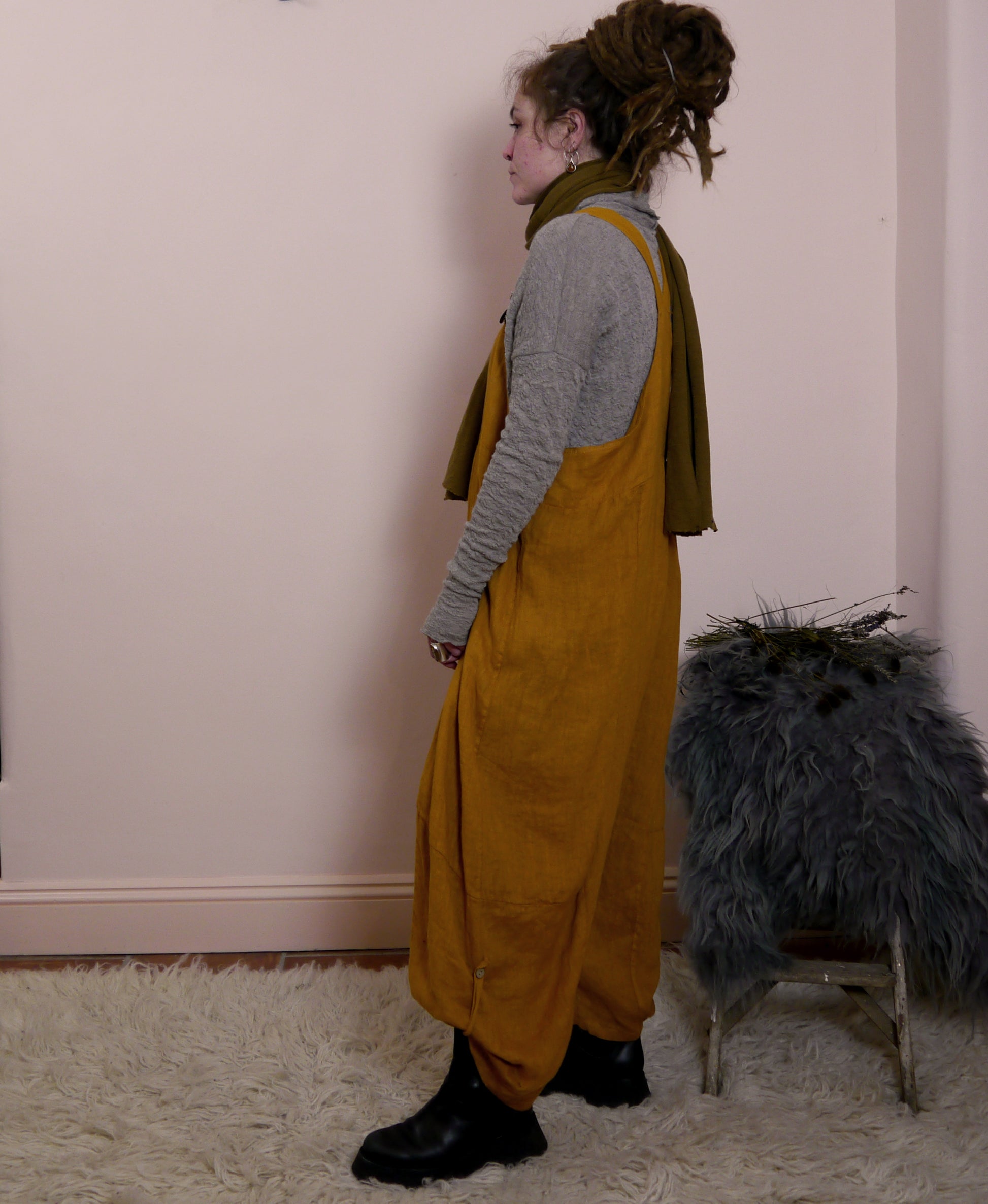 Linen Cocoon Dungarees with Buckles in Ochre