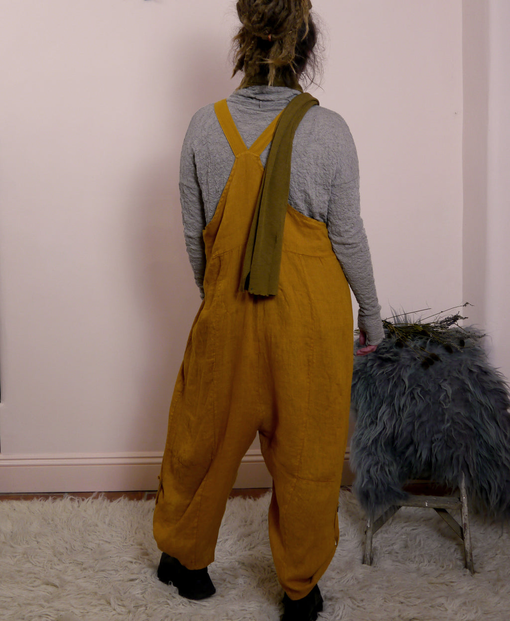 Linen Cocoon Dungarees with Buckles in Ochre
