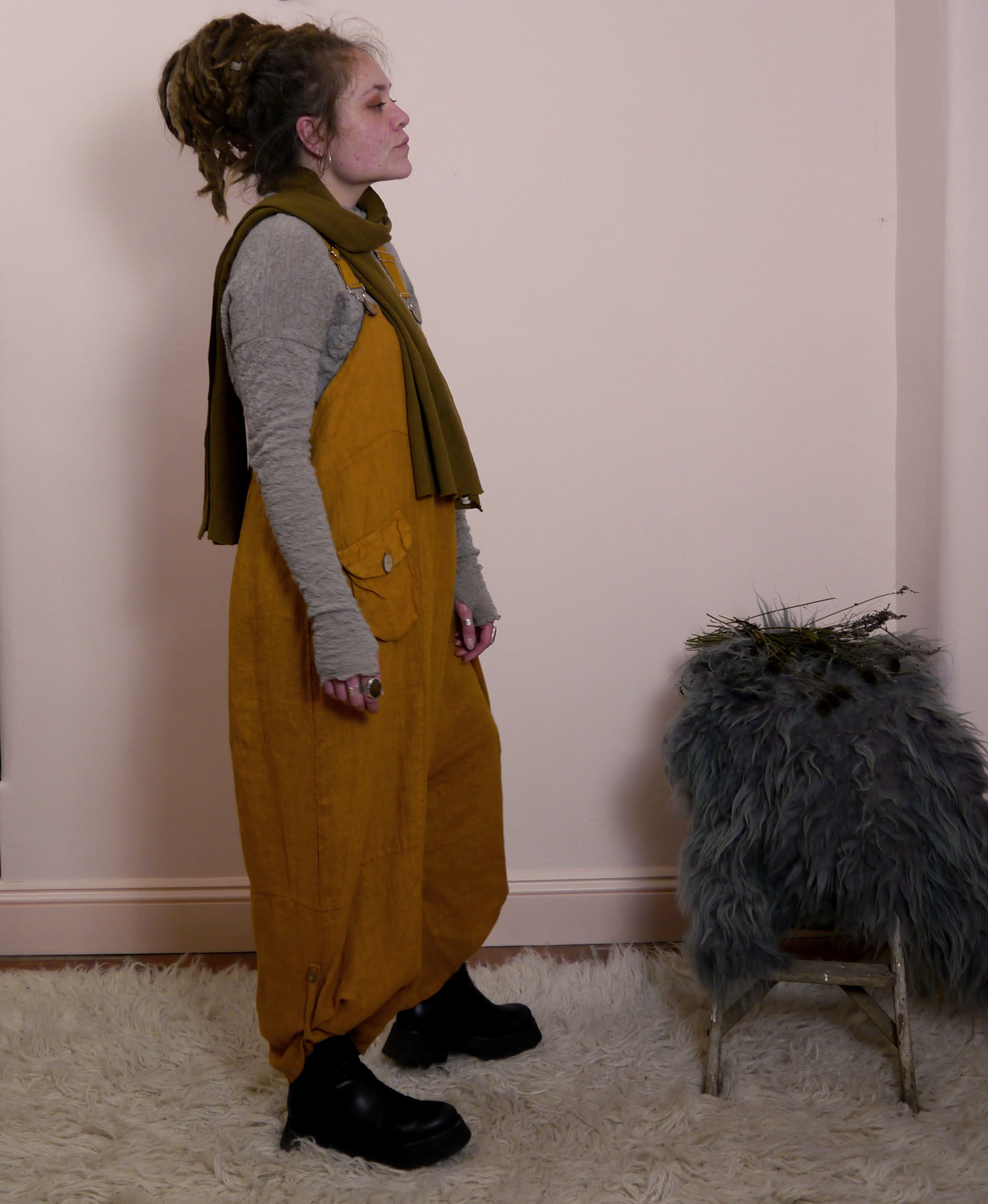 Linen Cocoon Dungarees with Buckles in Ochre