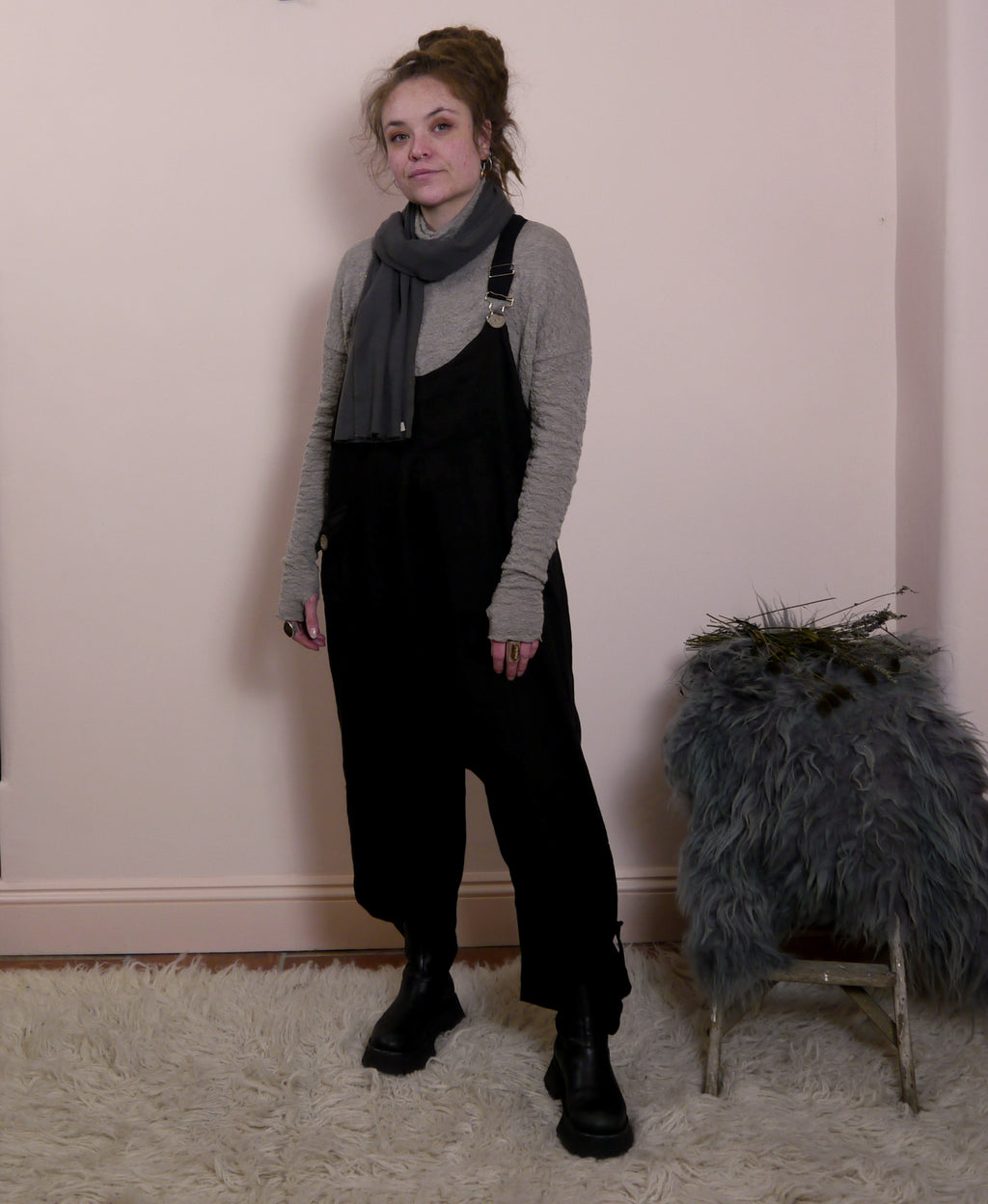 Linen Cocoon Dungarees with Buckles in Black