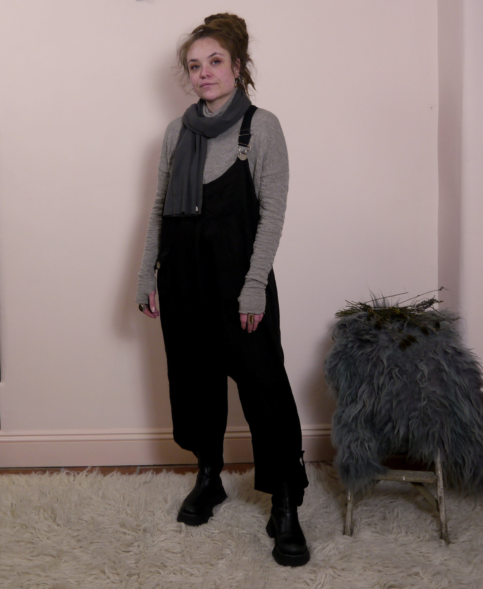 Linen Cocoon Dungarees with Buckles in Black