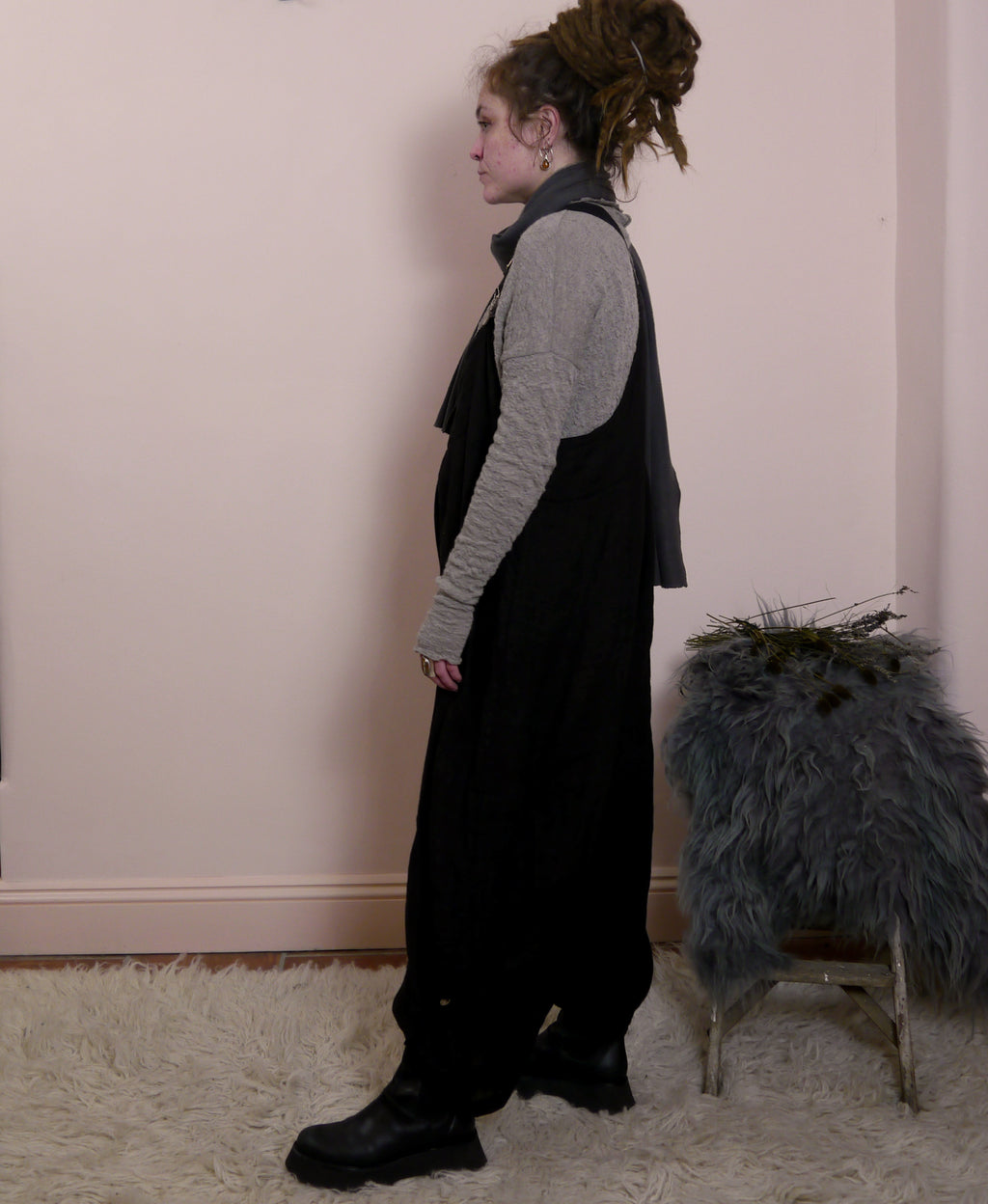 Linen Cocoon Dungarees with Buckles in Black