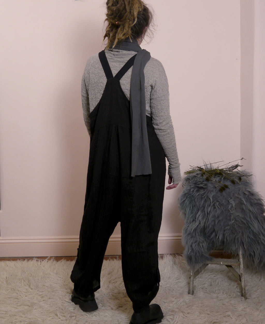Linen Cocoon Dungarees with Buckles in Black