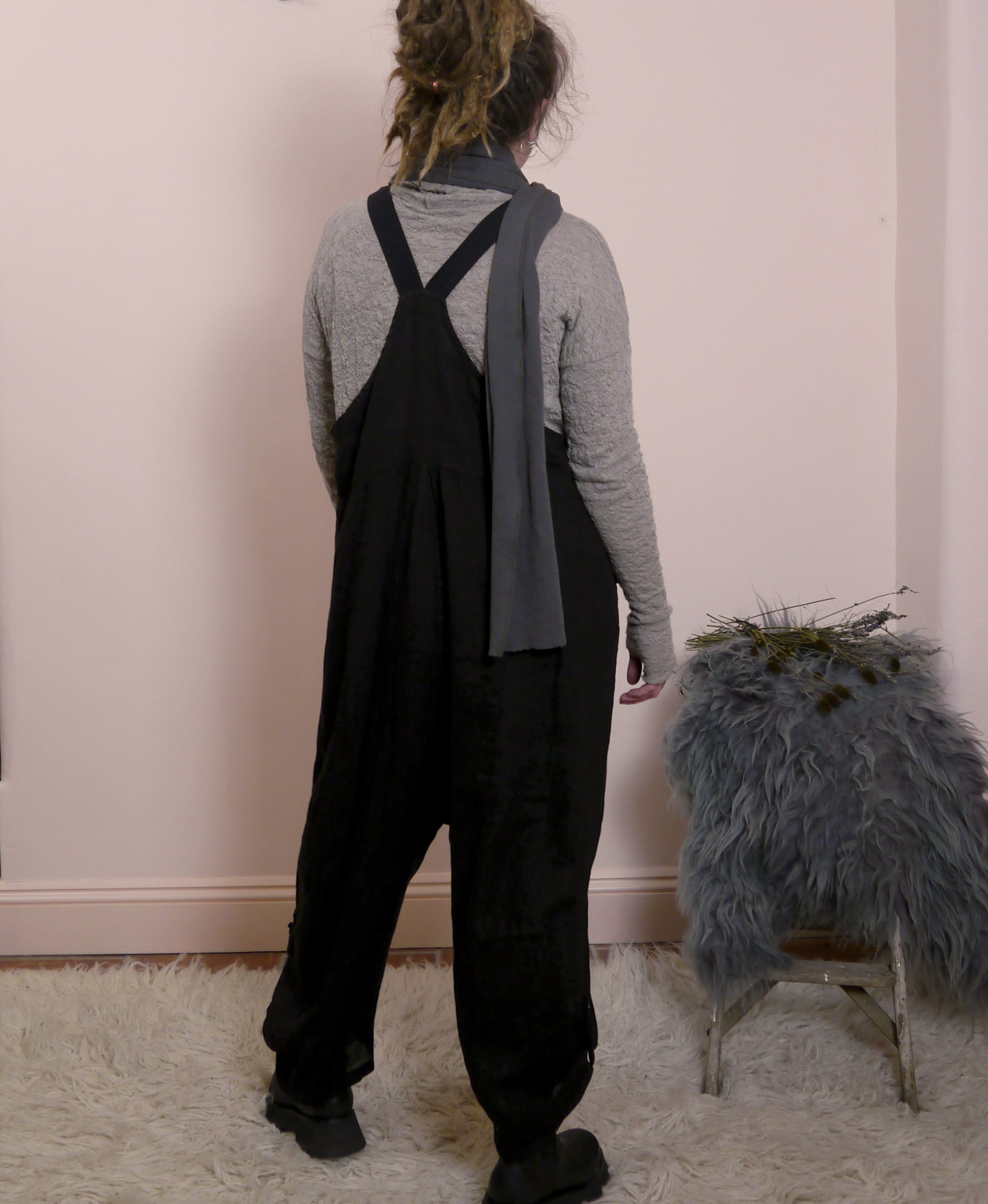 Linen Cocoon Dungarees with Buckles in Black