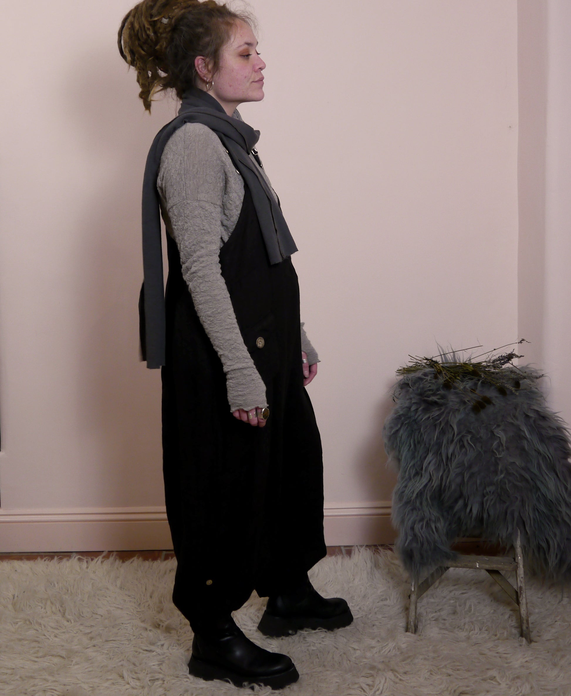 Linen Cocoon Dungarees with Buckles in Black