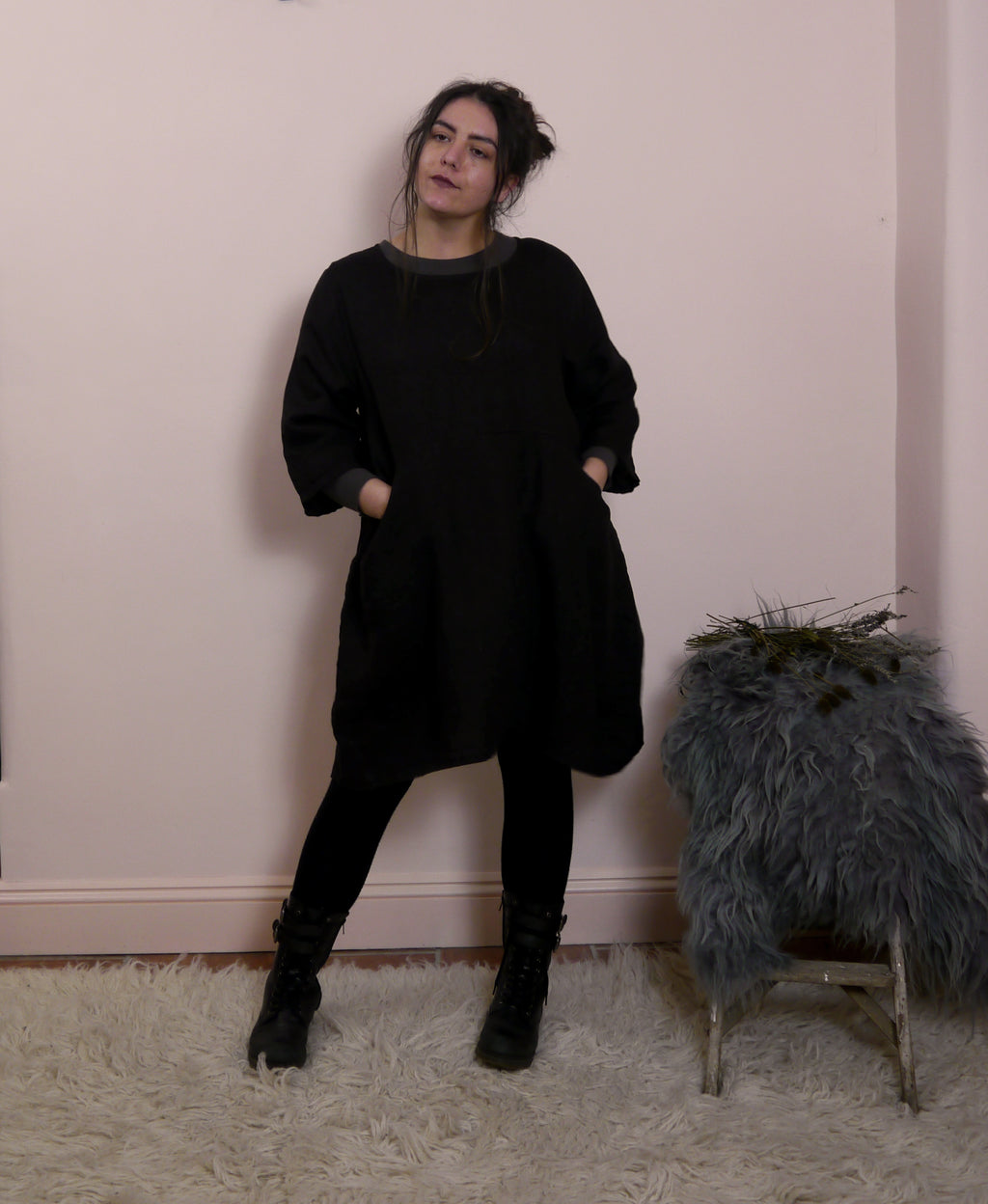 Short Linen Tunic Dress with Pockets in Black