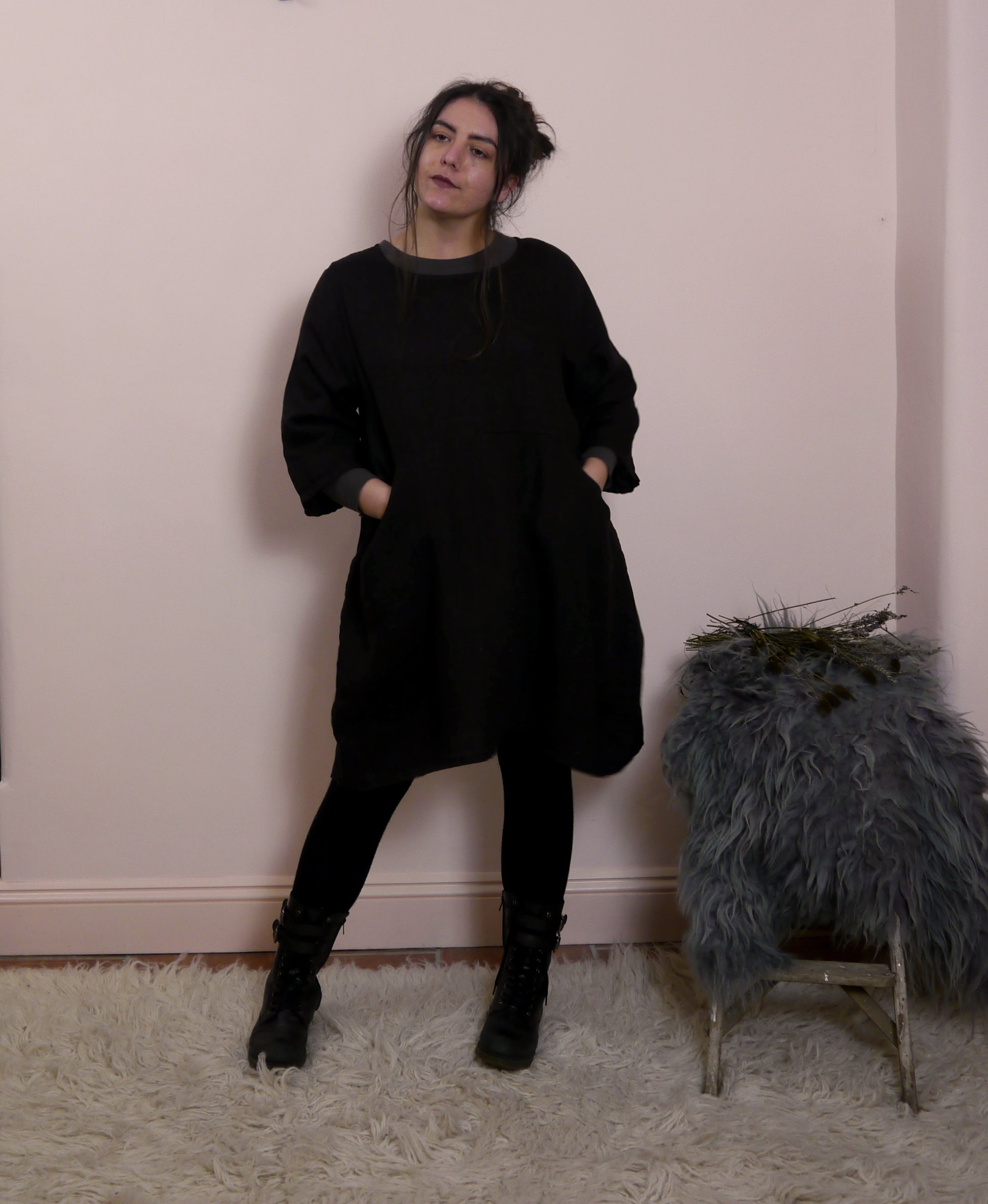 Short Linen Tunic Dress with Pockets in Black