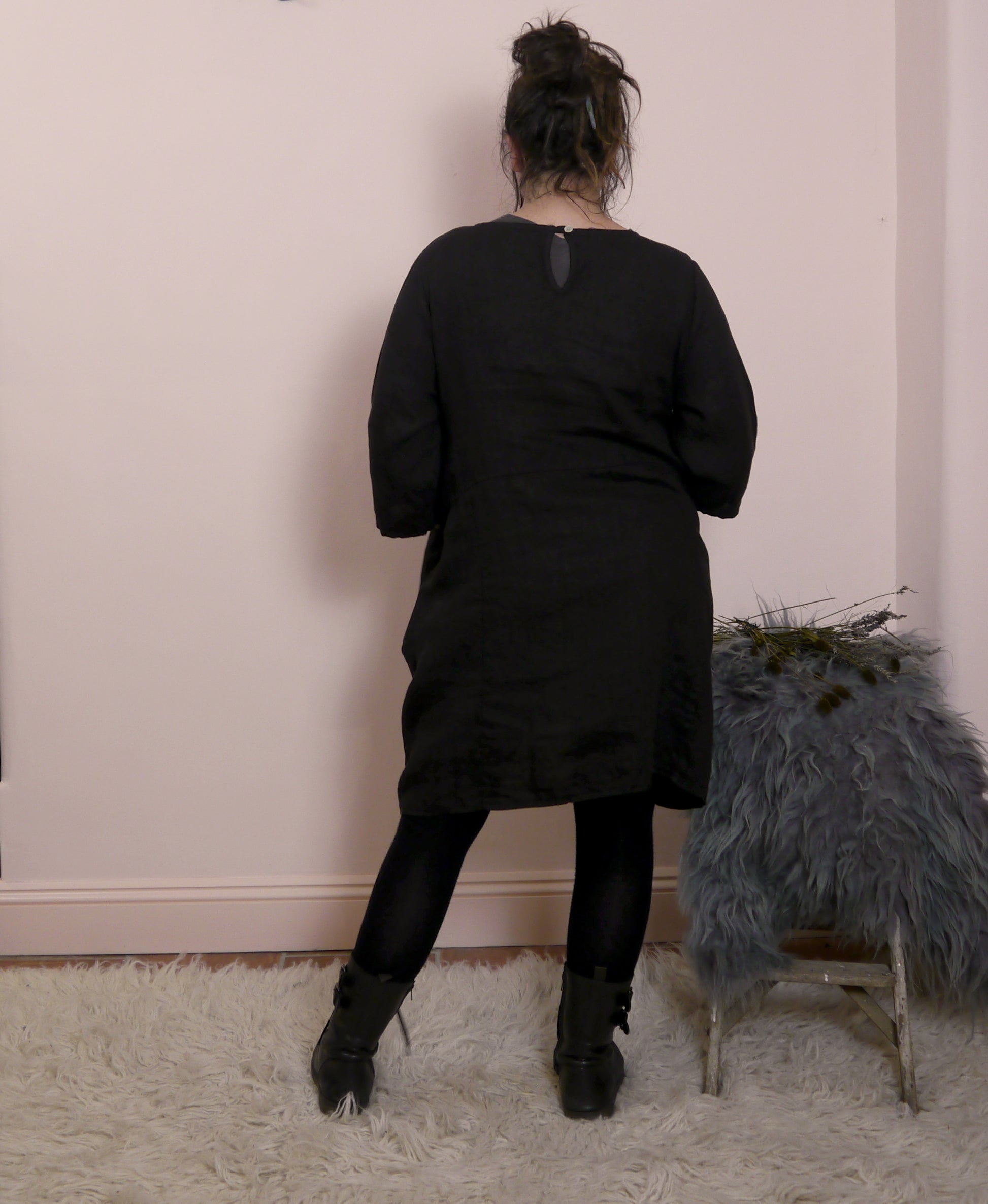 Short Linen Tunic Dress with Pockets in Black