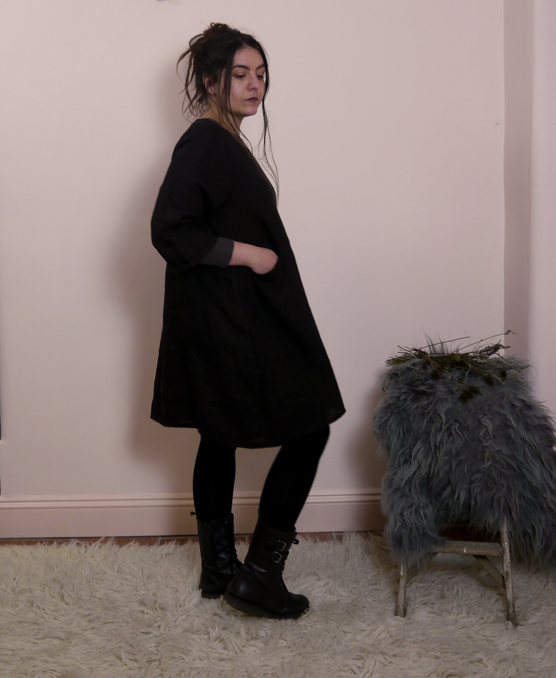 Short Linen Tunic Dress with Pockets in Black