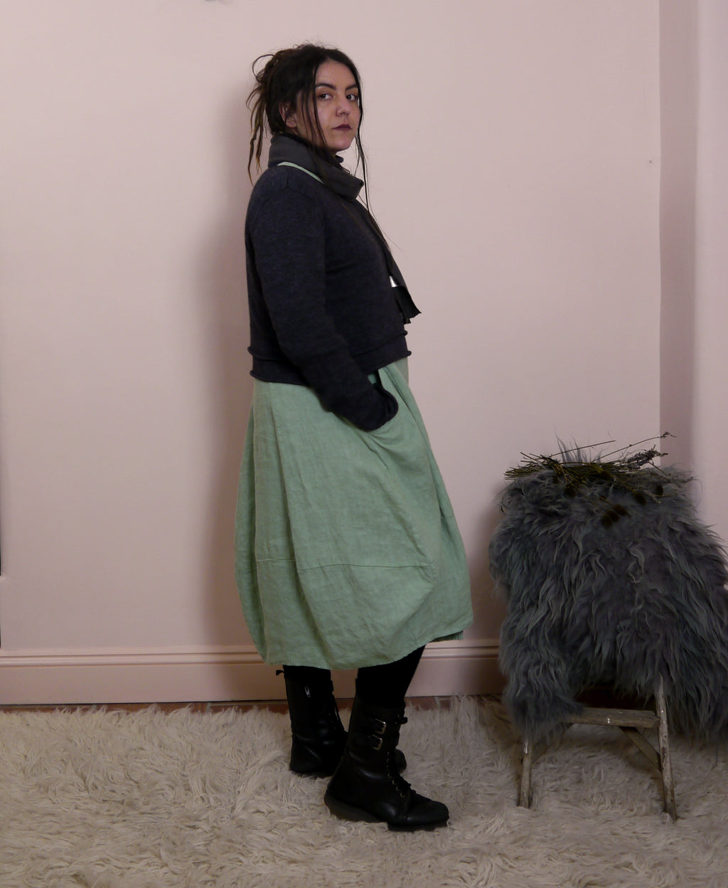 Linen V-neck Maxi Dress in Seafoam