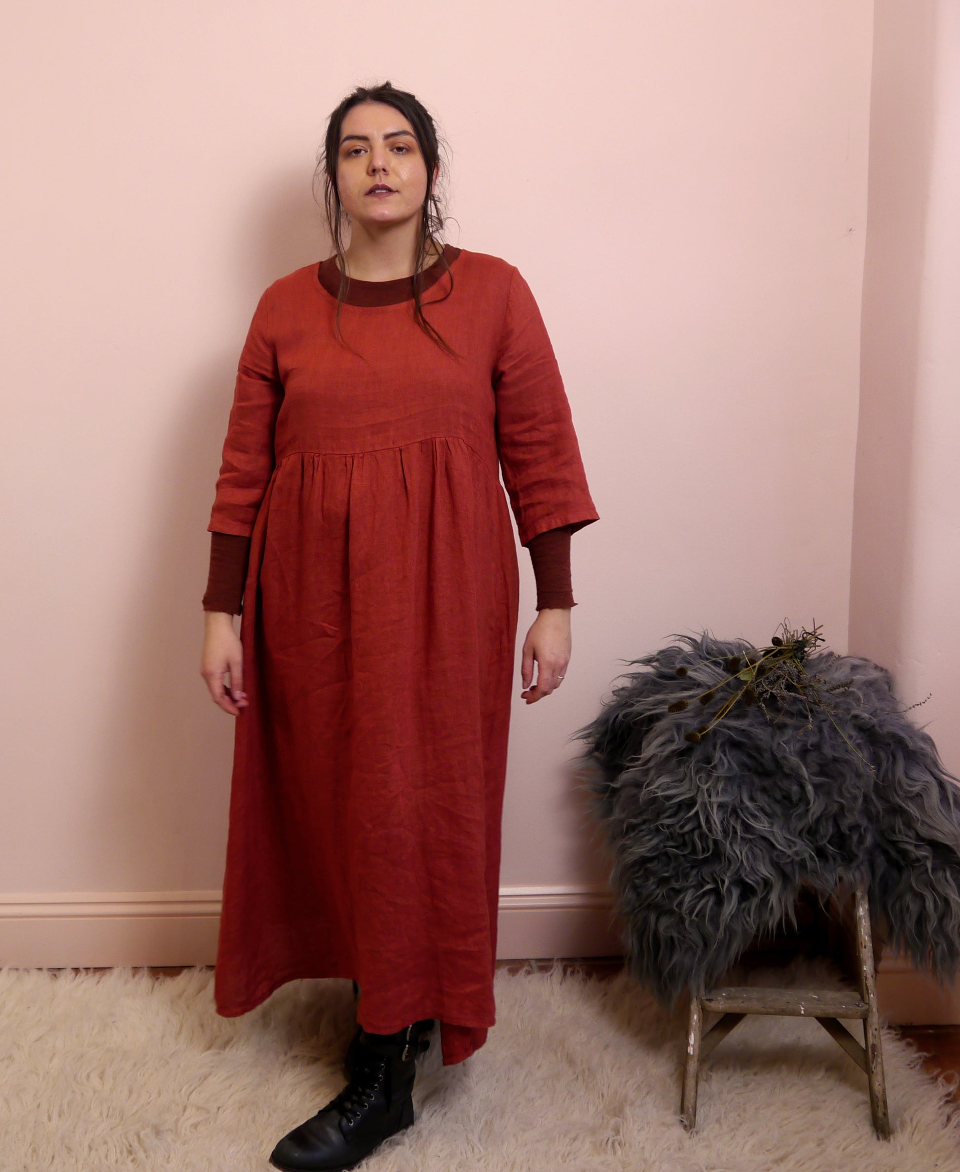 Linen Maxi 3/4 Sleeve Round Neck Dress in Brick