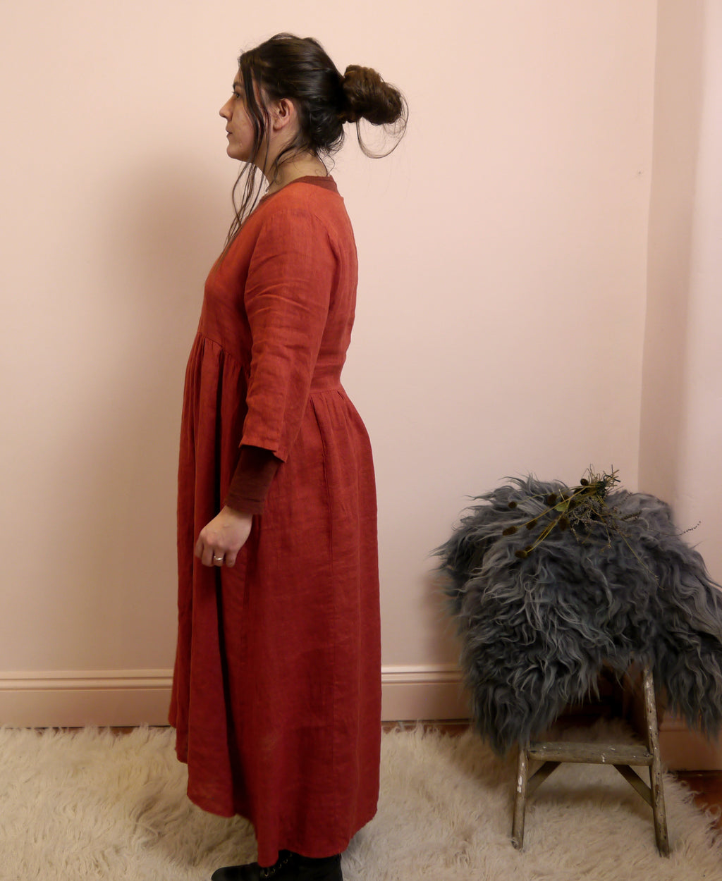 Linen Maxi 3/4 Sleeve Round Neck Dress in Brick