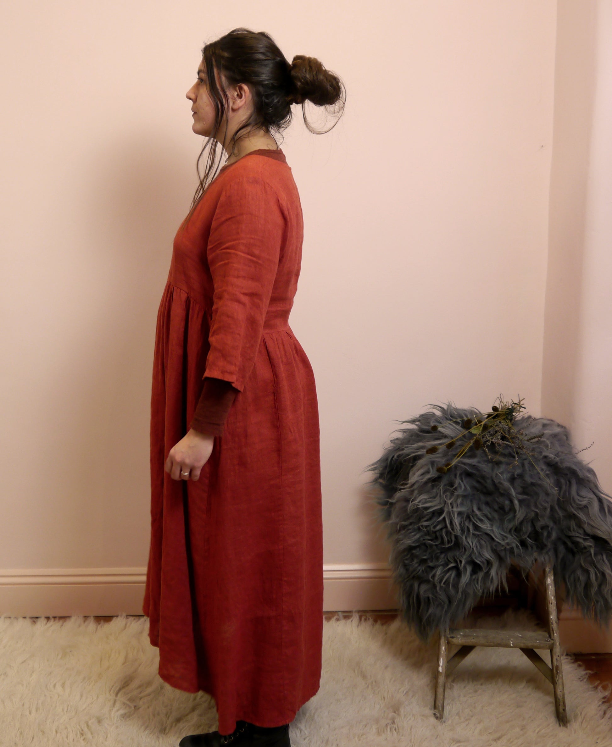 Linen Maxi 3/4 Sleeve Round Neck Dress in Brick