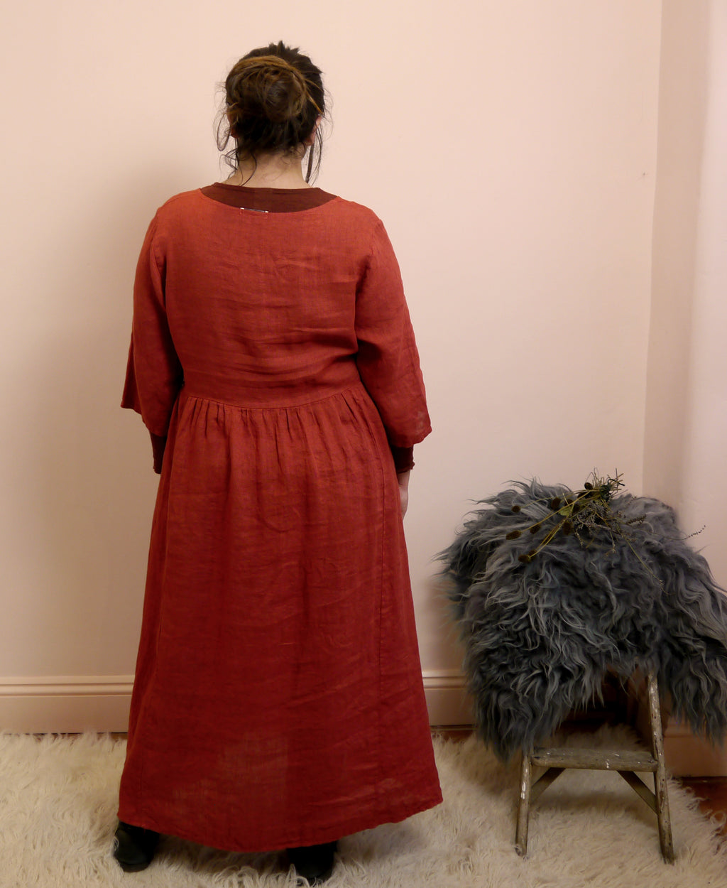 Linen Maxi 3/4 Sleeve Round Neck Dress in Brick