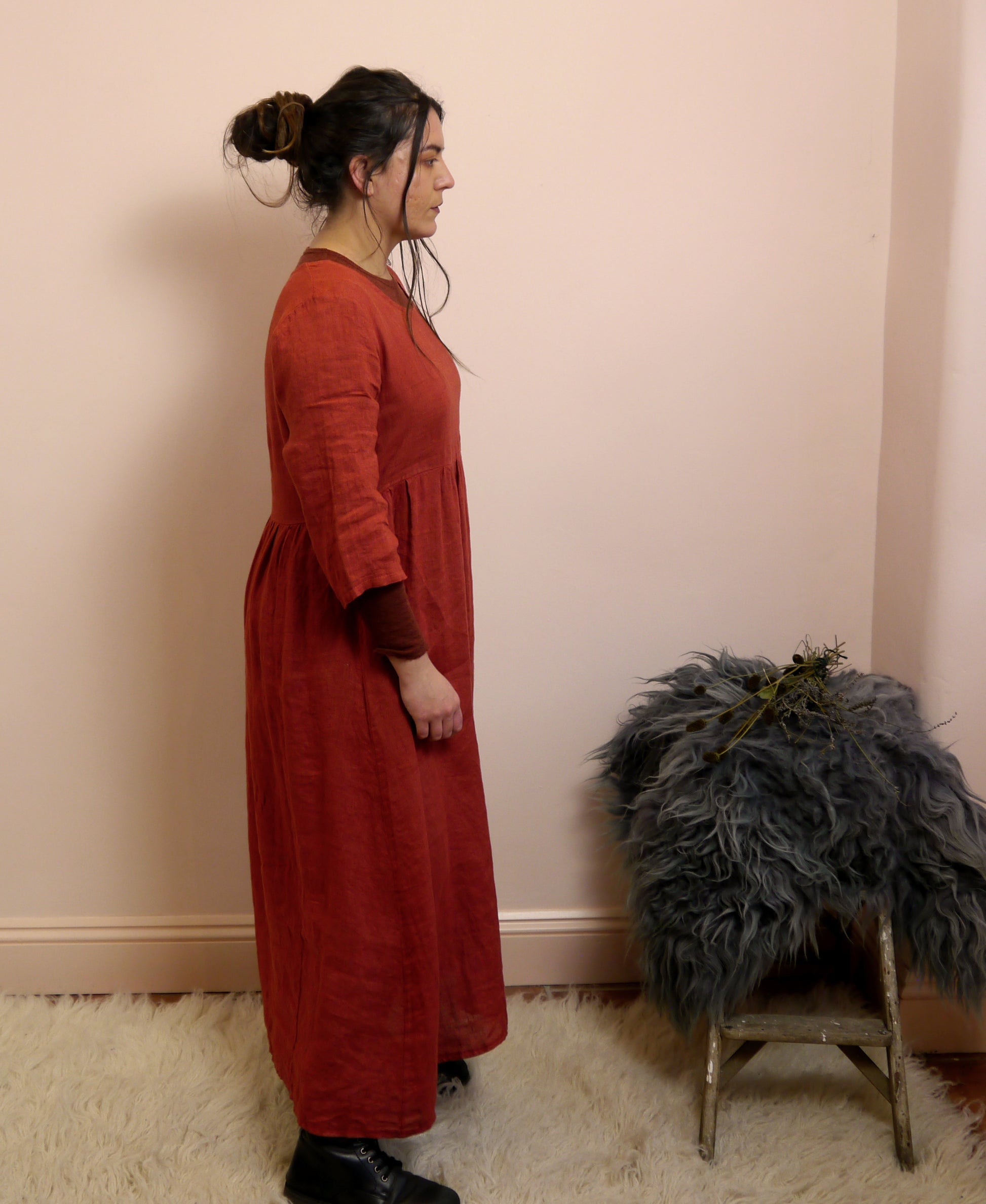 Linen Maxi 3/4 Sleeve Round Neck Dress in Brick