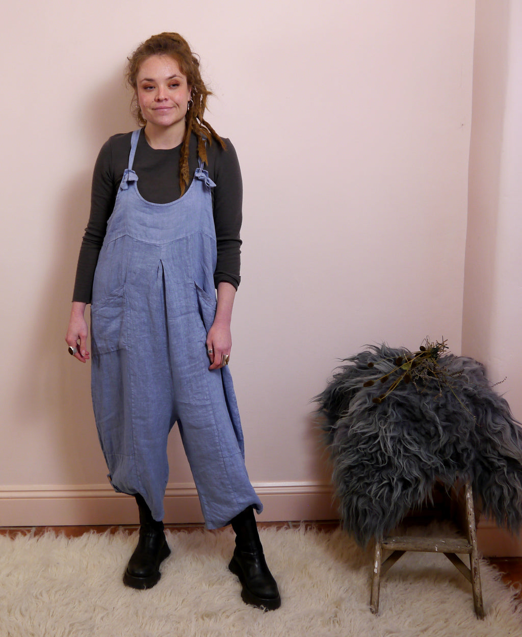 Linen Dungarees with Pockets in Forget-Me-Not