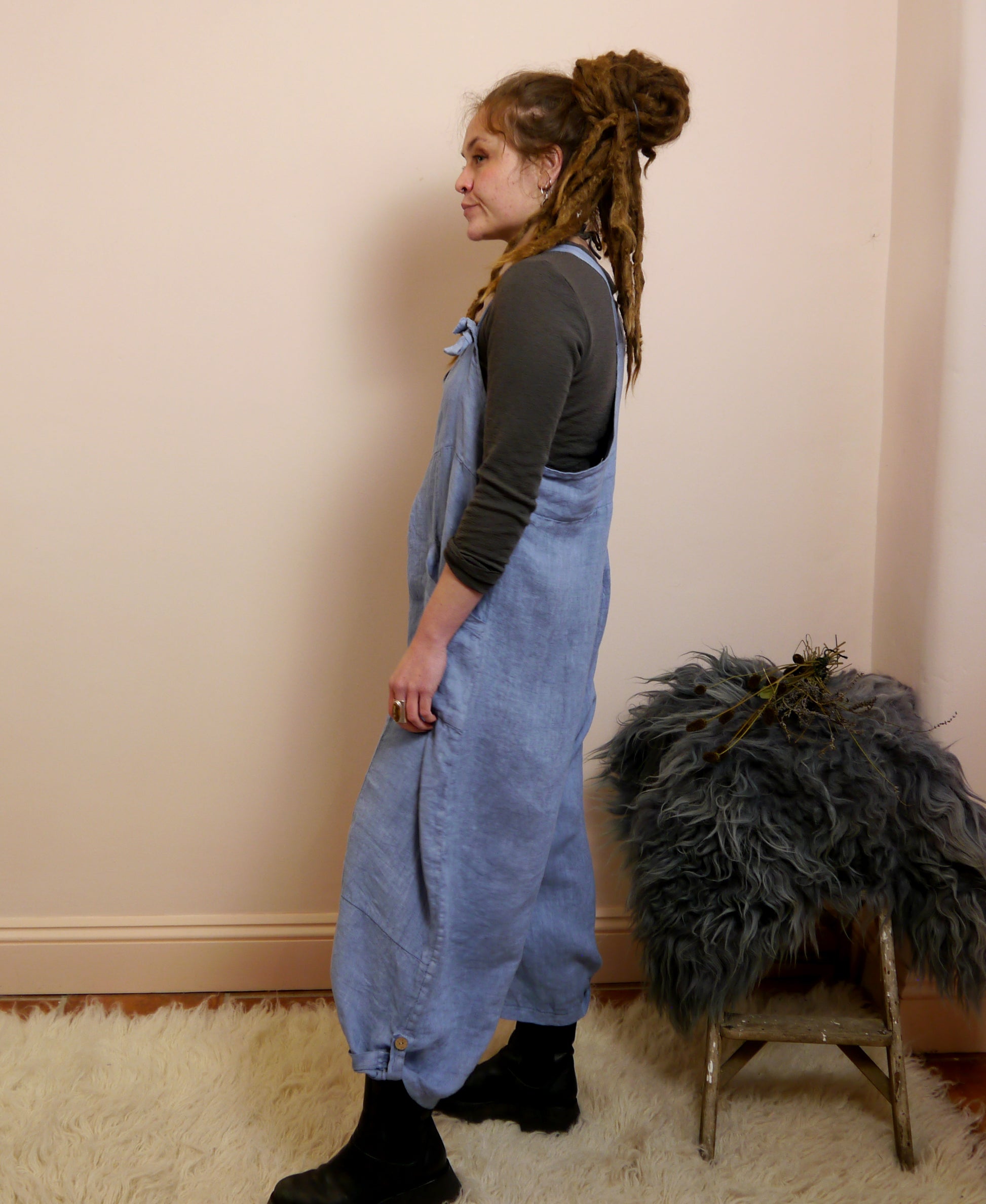 Linen Dungarees with Pockets in Forget-Me-Not