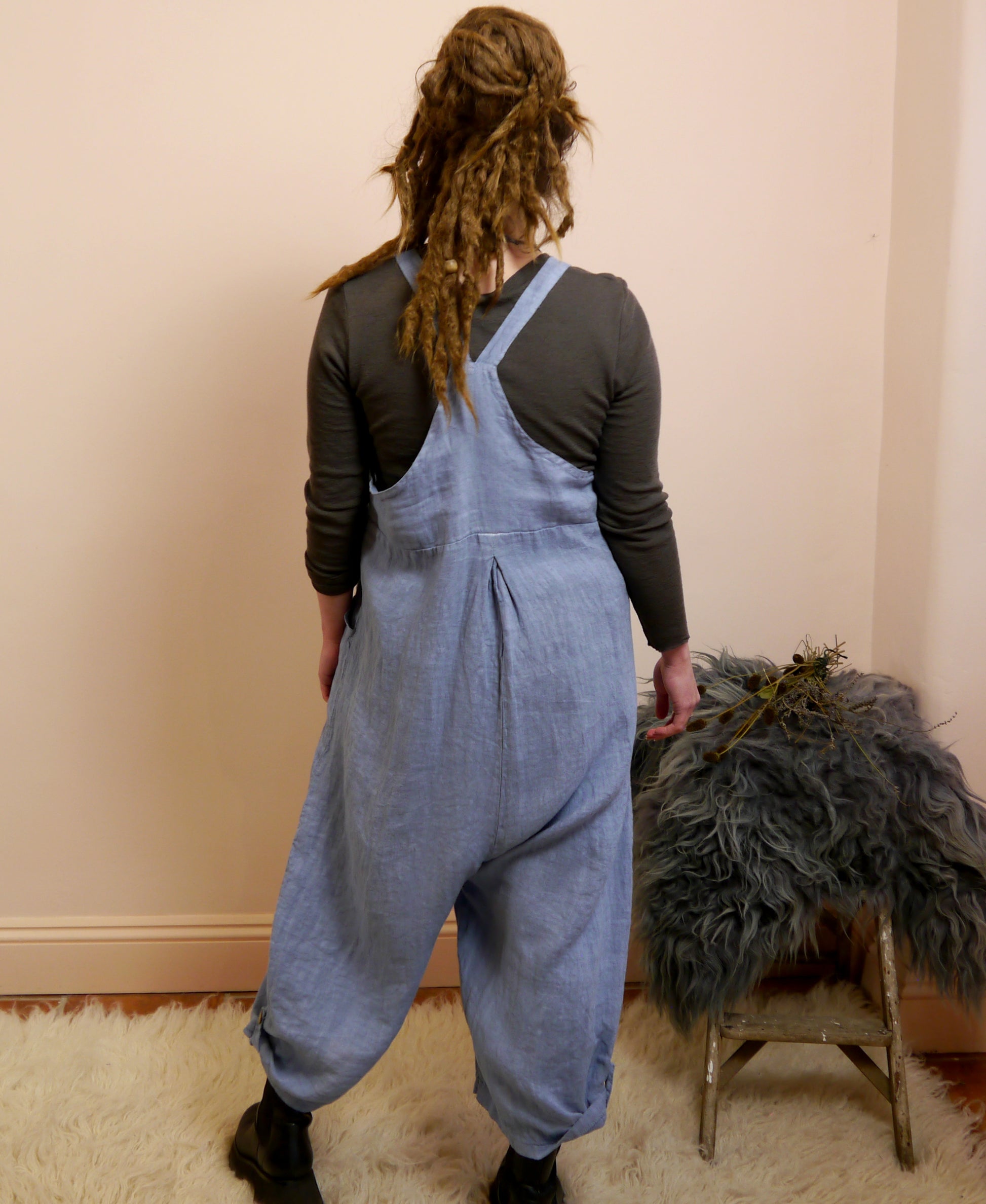 Linen Dungarees with Pockets in Forget-Me-Not