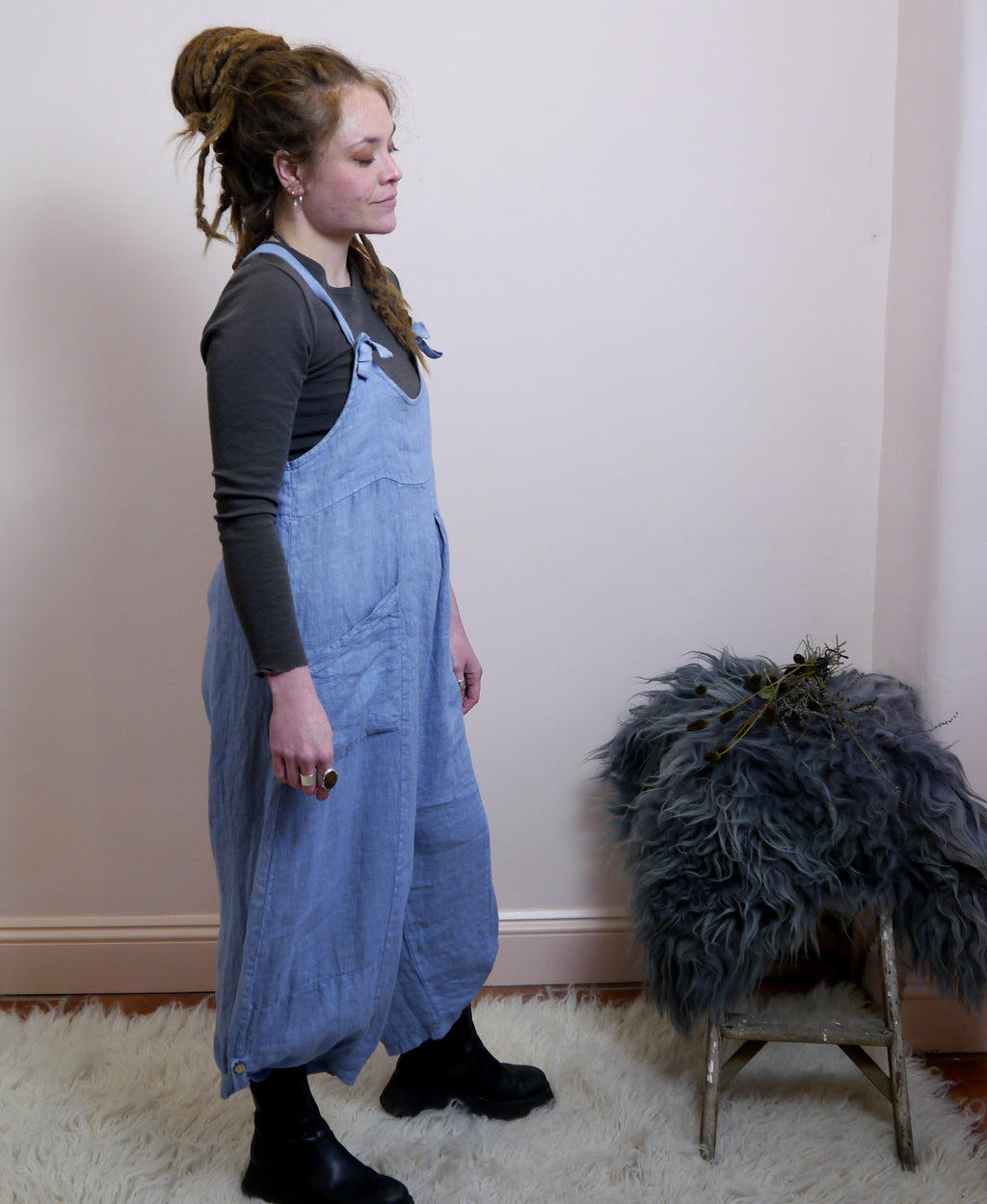 Linen Dungarees with Pockets in Forget-Me-Not