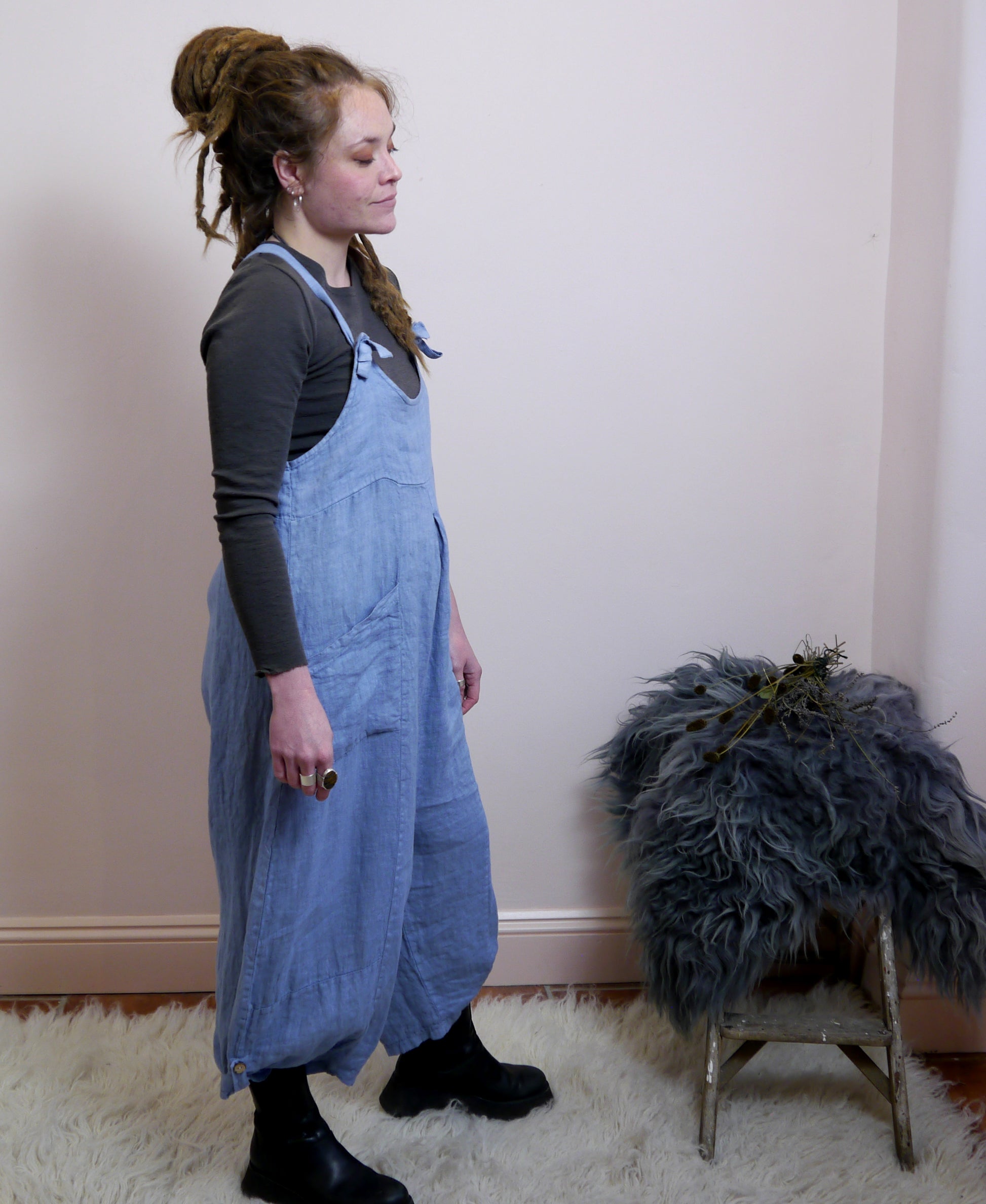 Linen Dungarees with Pockets in Forget-Me-Not