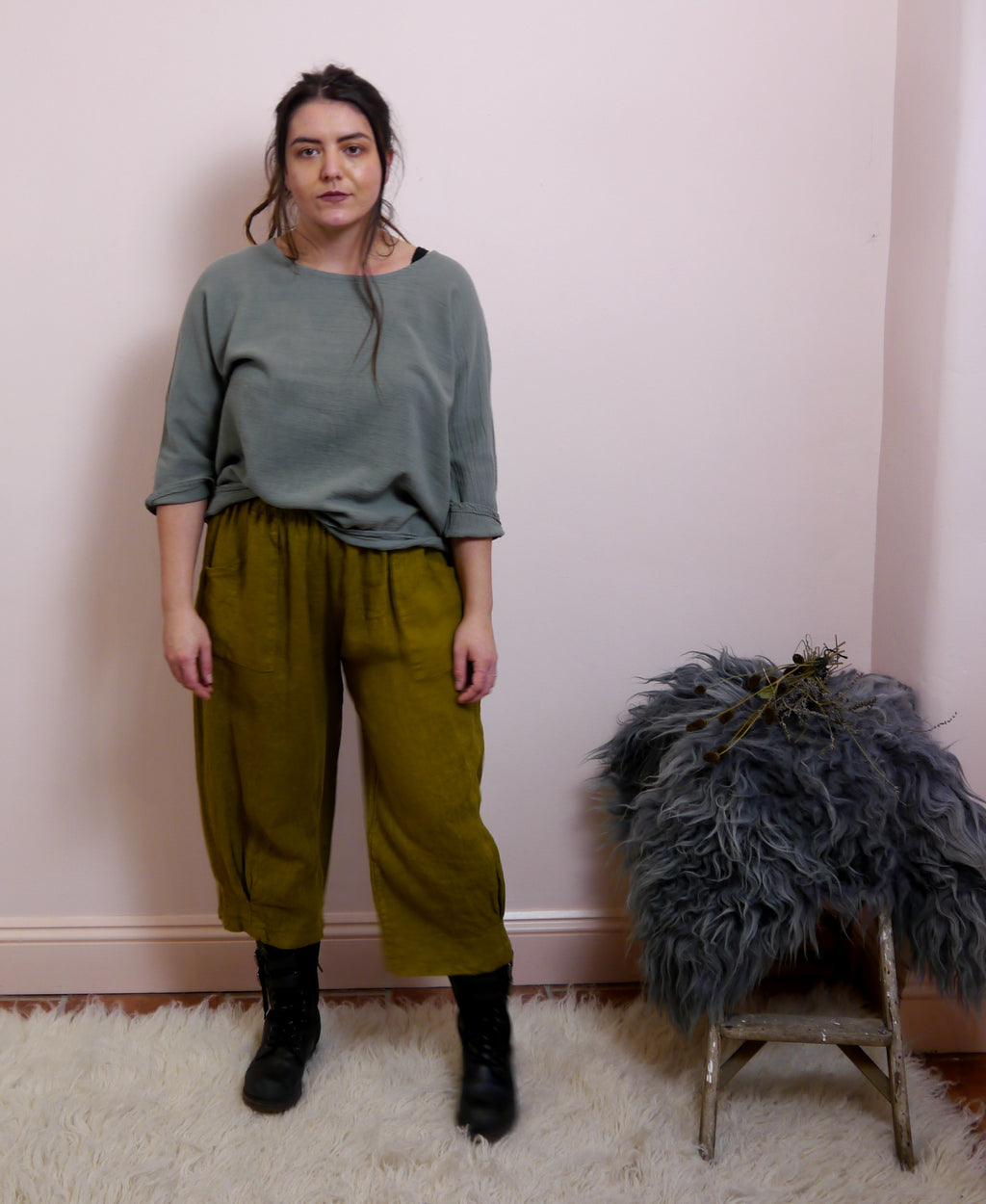 Cotton/Linen Longer Length Layering Top in Forget-Me-Not