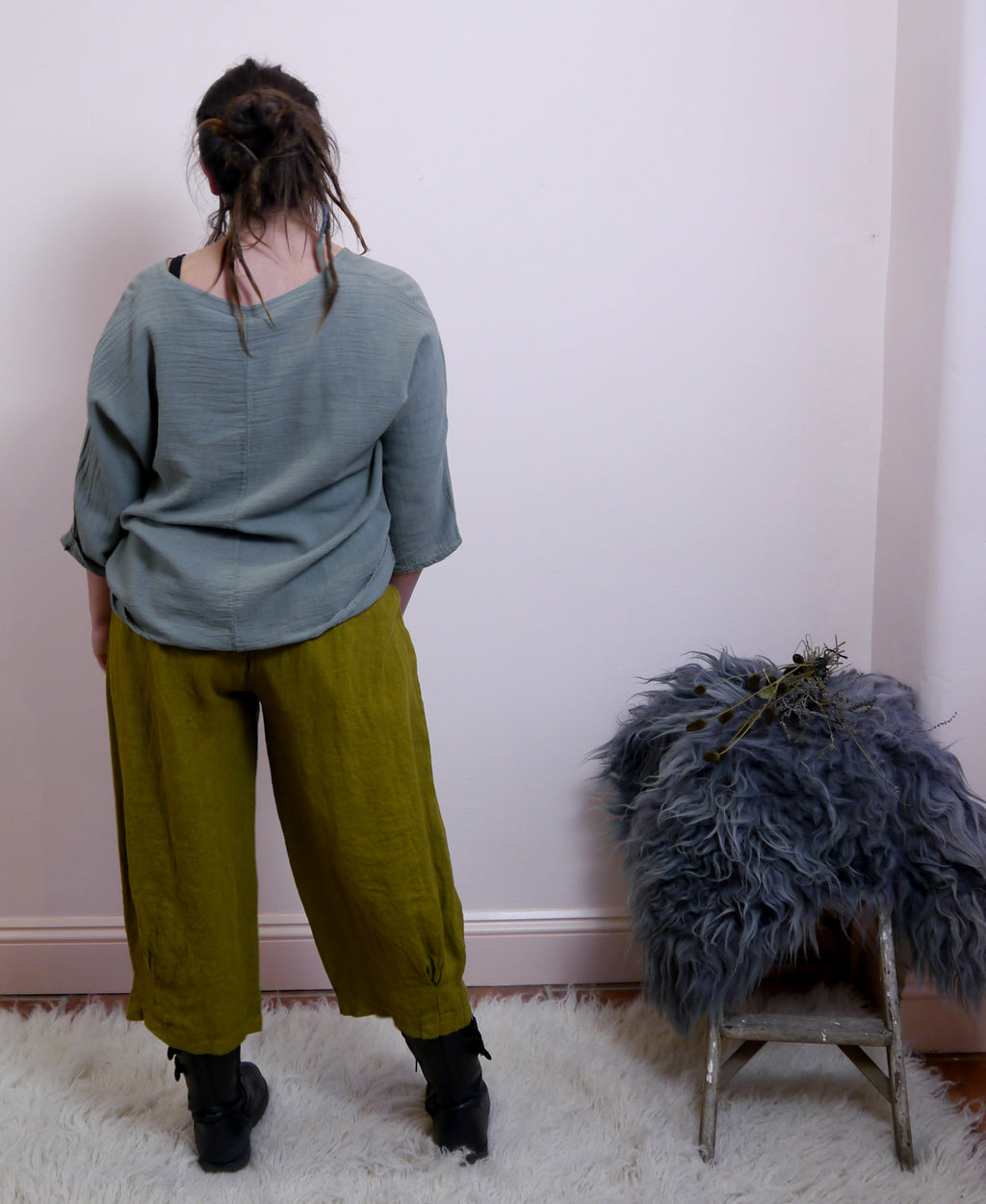 Cotton/Linen Longer Length Layering Top in Lichen