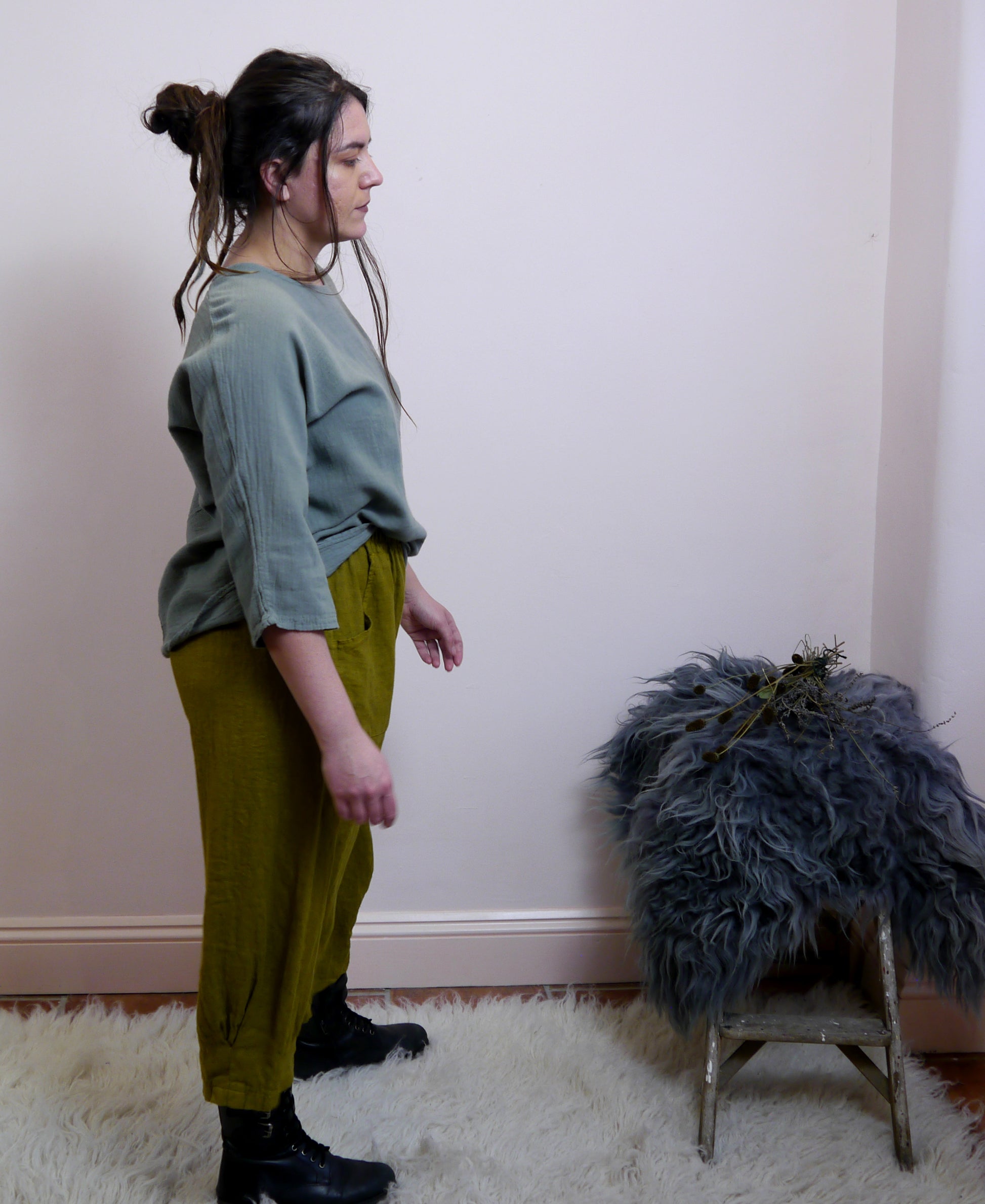 Cotton/Linen Longer Length Layering Top in Forget-Me-Not