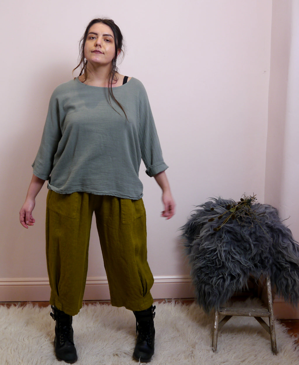 Cotton/Linen Longer Length Layering Top in Lichen