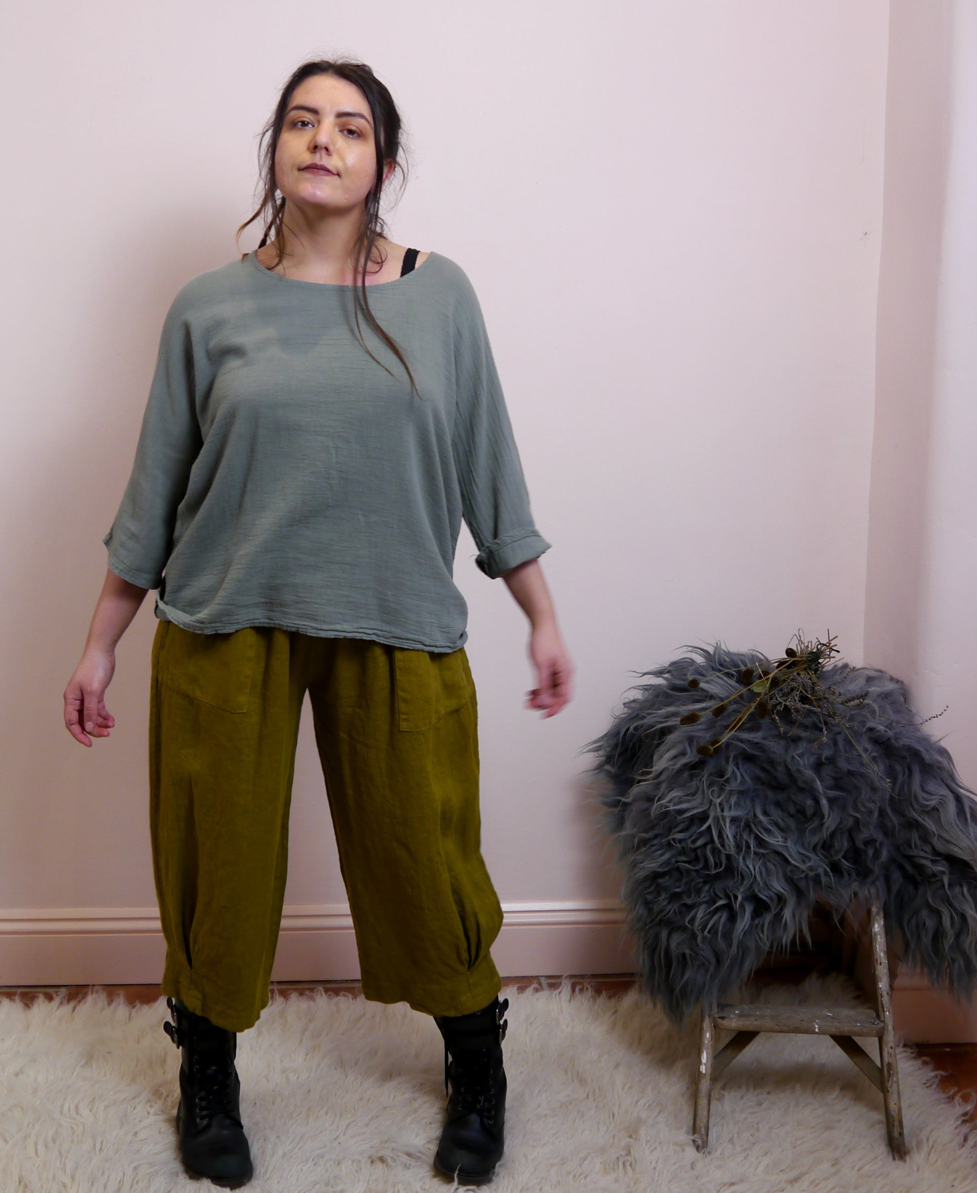Cotton/Linen Longer Length Layering Top in Lichen