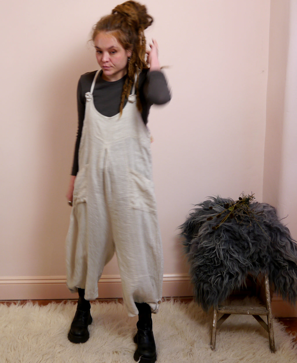 Linen Dungarees with Pockets in Stone
