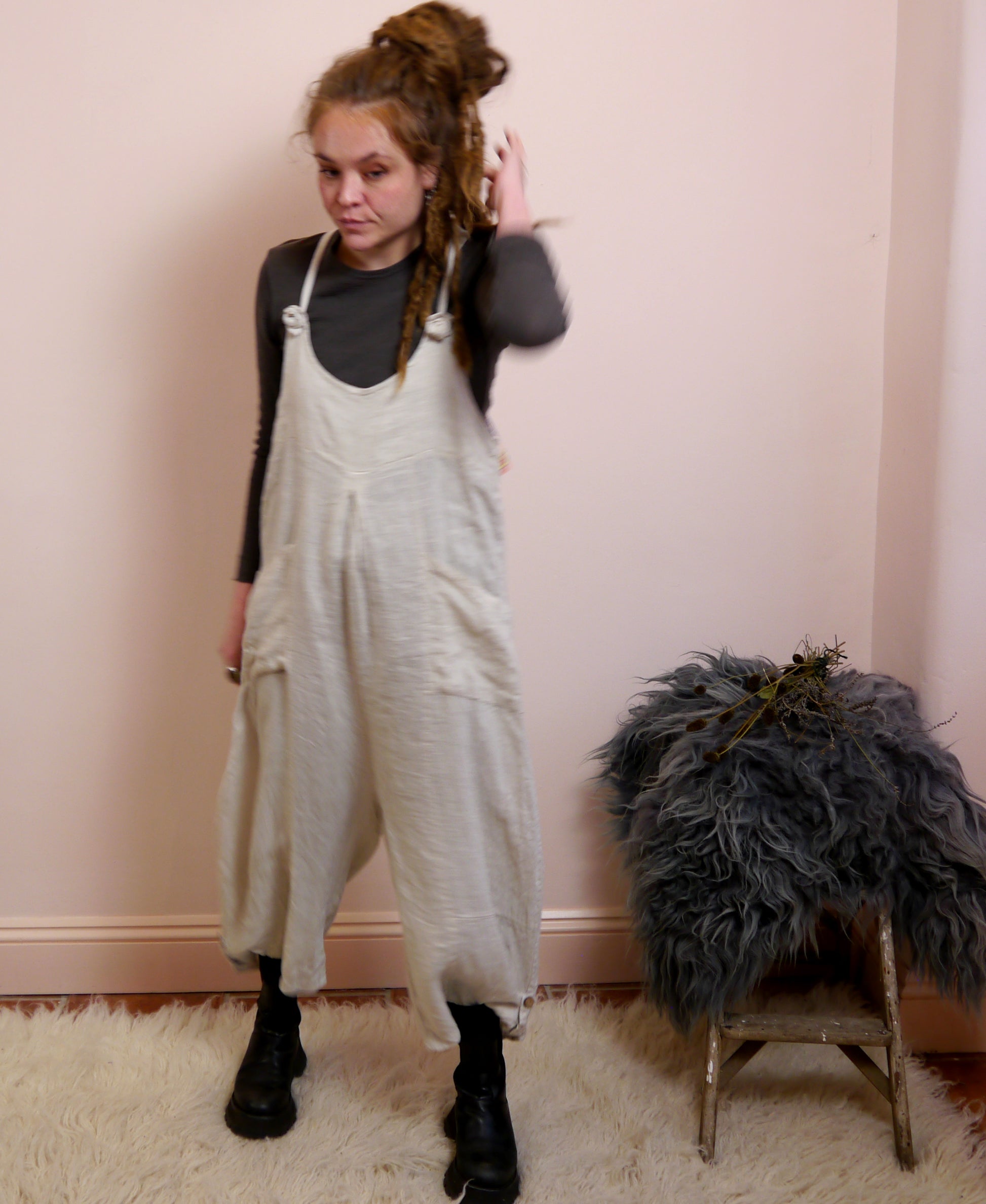Linen Dungarees with Pockets in Stone